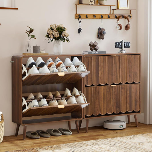 ORRD Shoe Storage Cabinet for Entryway with 2 Flip Drawers Set of 2, Freestanding Narrow Wood Shoe Cabinet with Wave Panel, Hidden Shoe Organizer for Foyer, Hallway (Walnut)