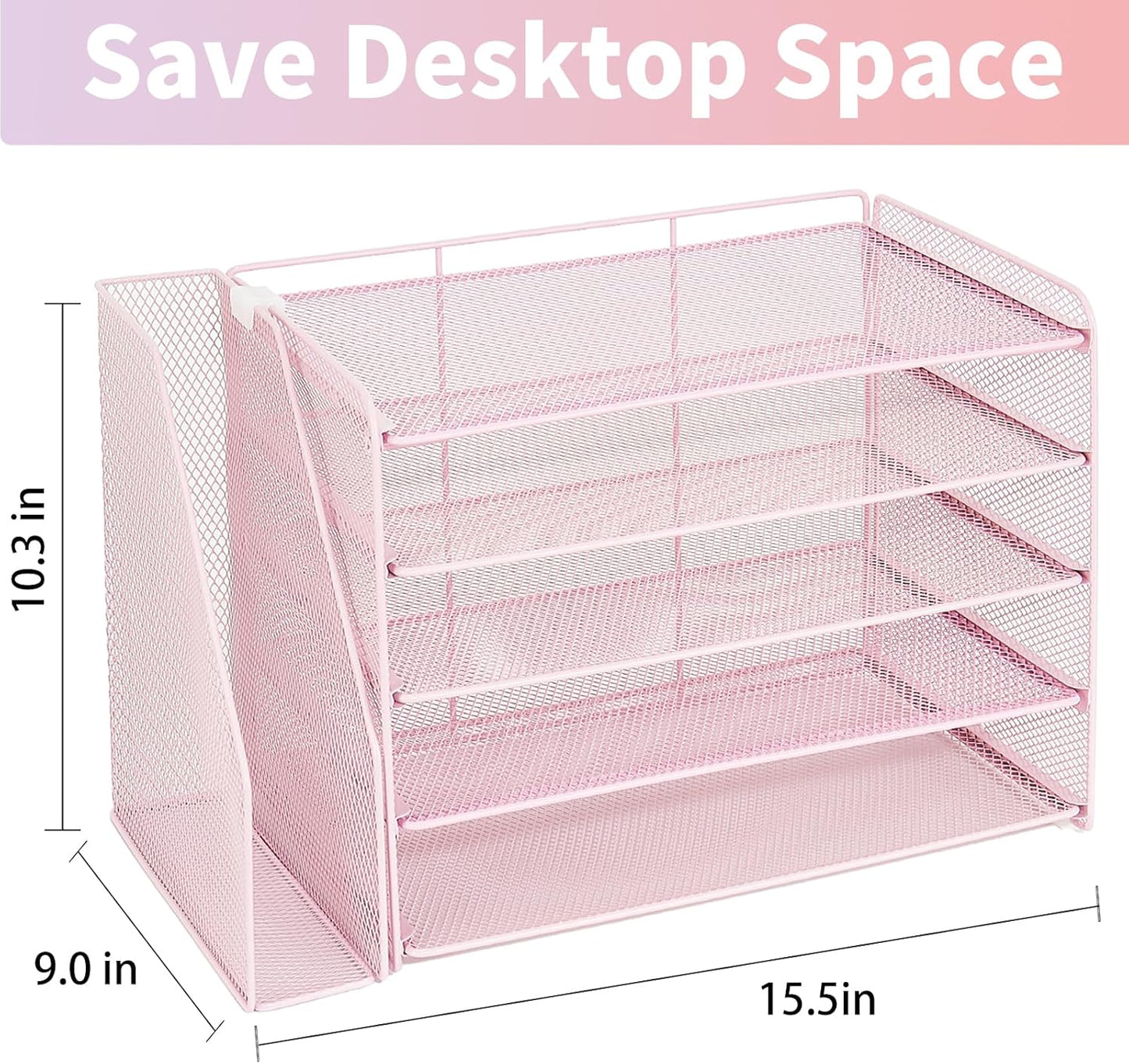 OPNICE 5-Tier Paper Organizer with Magazine Holder, Desk Organizers and Accessories, Office Desk Accessories & Workspace Organizers, Desktop File Organizer for Office Supplies Storage, Pink