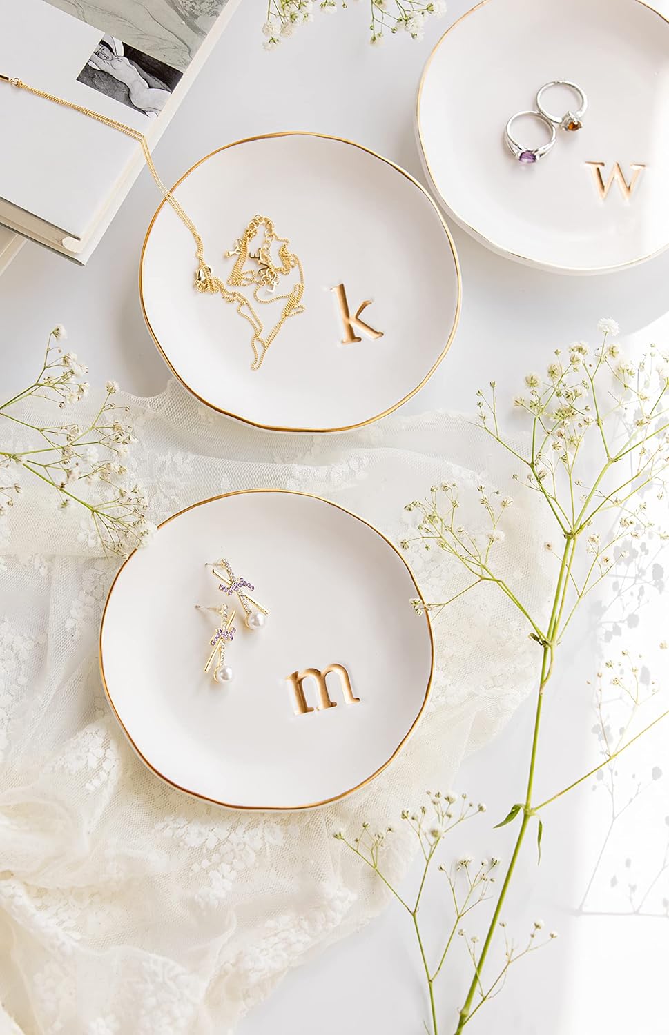 COLLECTIVE HOME - Ceramic Jewelry Tray, Decorative Trinket Dish for Rings Earrings Necklaces Bracelet Watch Keys, Birthday Mother's Day Christmas Gift for Women, 4.75", White Surface (F)