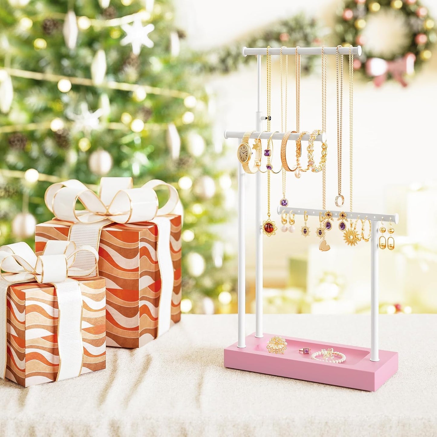 SRIWATANA Jewelry Organizer Stand, Extra Tall Necklace Holder Jewelry Holder, Gift Idea (Pink & White)
