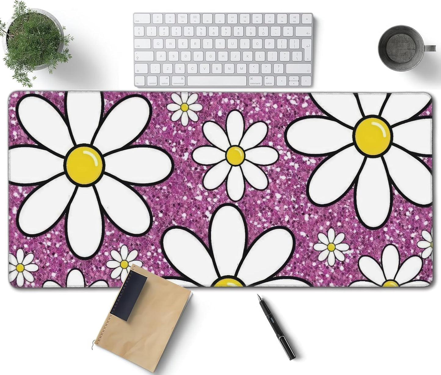 Purple Sparkling Daisy Large Mouse Pad, Flowers Gaming Desk Mat, XXL Keyboard Desk Pad Mat for Desktop, 35.4"x15.7" Non-Slip Base Big Mousepad with Stitched Edges