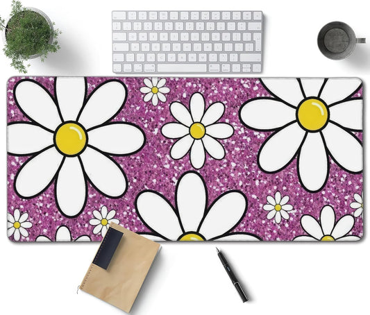Purple Sparkling Daisy Large Mouse Pad, Flowers Gaming Desk Mat, XXL Keyboard Desk Pad Mat for Desktop, 35.4"x15.7" Non-Slip Base Big Mousepad with Stitched Edges