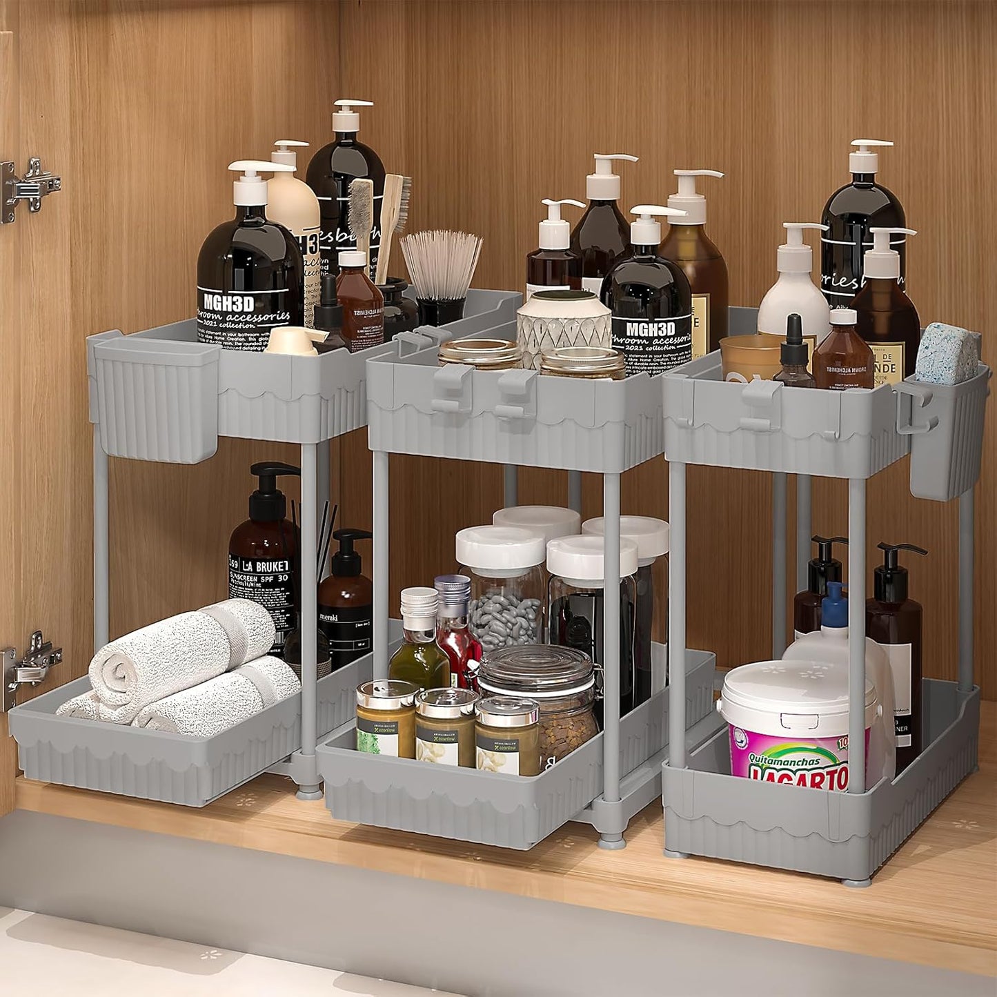 3 Pack Under Sink Organizers, 2-Tier Multi-Use Kitchen and Bathroom Organizers and Storage with Sliding Drawers，Bathroom Cabinet Organizer (Gray, 14.8 Inch)