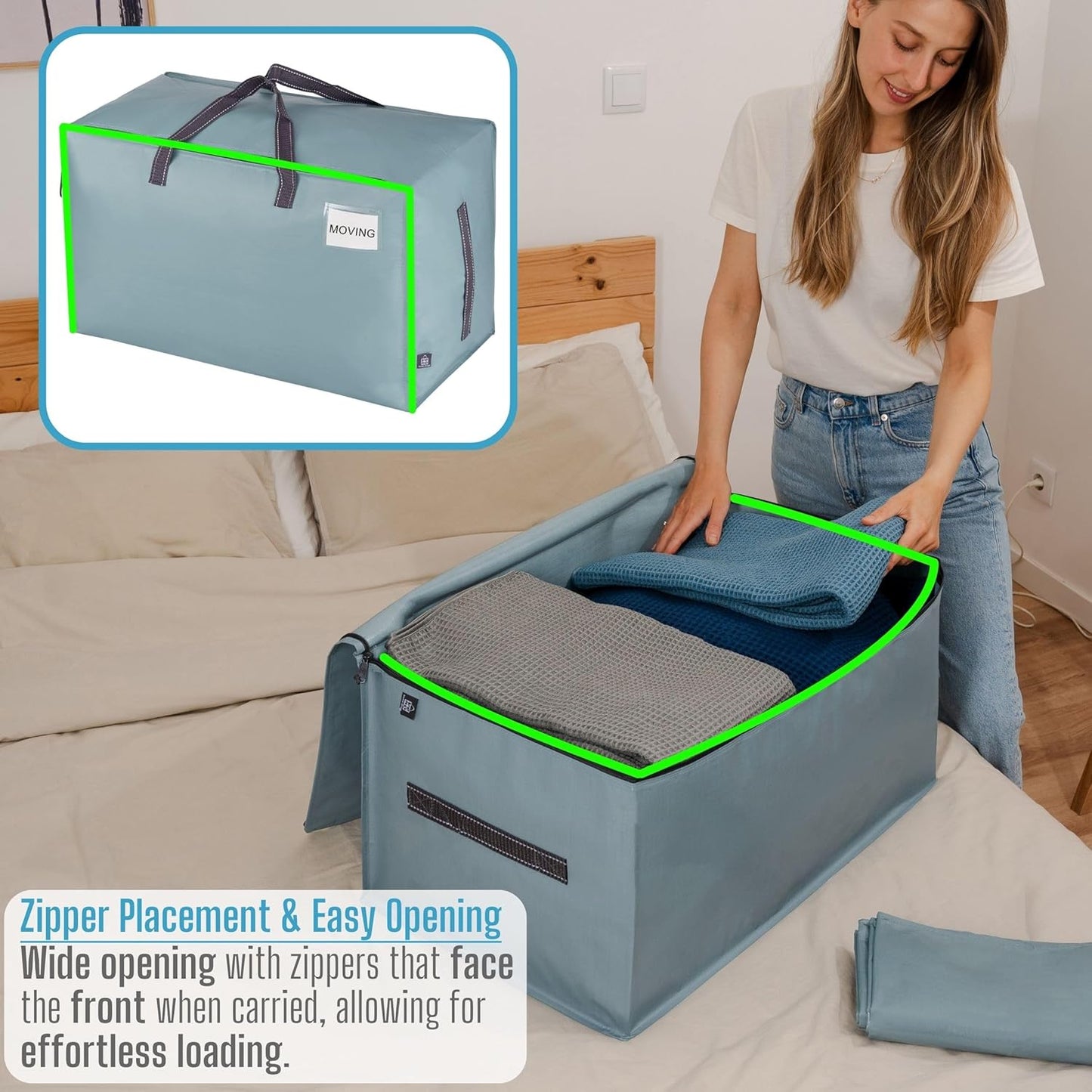 VENO 2 Pack Moving Bags and Large Christmas Decoration Storage Bins with lids. Alternative to Moving Boxes, Packing Supplies for College. Heavy Duty Totes (Light Blue Matte, 2 Pack)