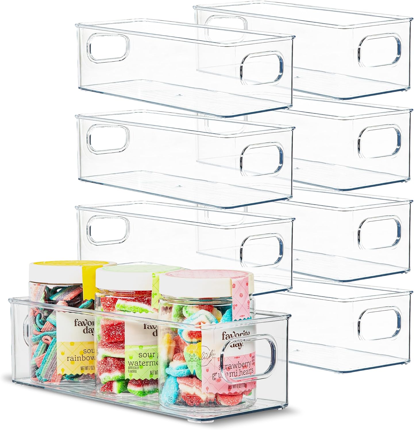primebox Plastic Food Storage 8 Pack Clear Container Bin with Handles for Organizing Kitchen, Pantry, Fridge, Freezer, Pantry,Bathroom. Stackable 10"x4"3"