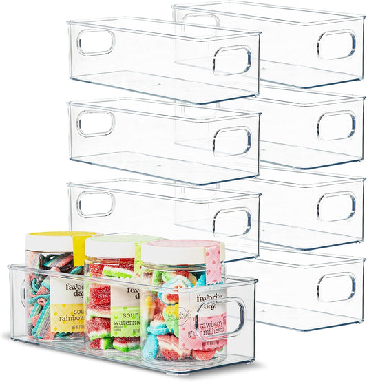 primebox Plastic Food Storage 8 Pack Clear Container Bin with Handles for Organizing Kitchen, Pantry, Fridge, Freezer, Pantry,Bathroom. Stackable 10"x4"3"