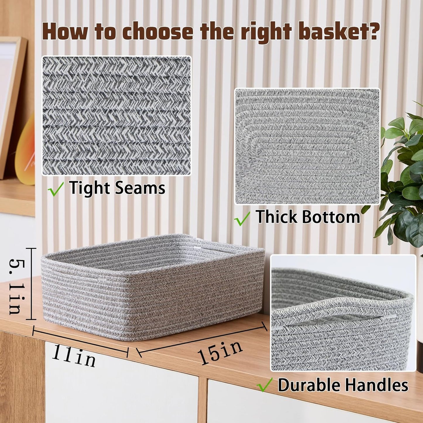 Large Shallow Organizing Baskets 15x11x5.1 Inches - Rope Woven Storage Bins for Bathroom, Shelves, Cube Closet, Mixed Grey 3 Packs