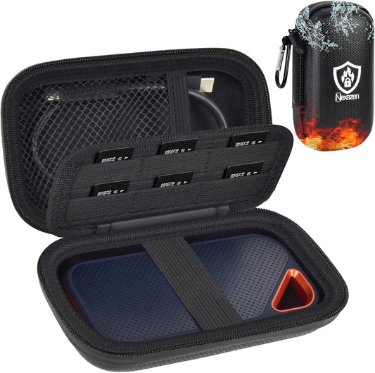 Fireproof& Waterproof Case for SanDisk Extreme Portable External SSD 500GB 1TB 2TB 4TB 8TB Solid State Drive, Zipper Travel Cable Organizer with SD SDXC SDHC Card Slots, Storage Pouch Only (Black)