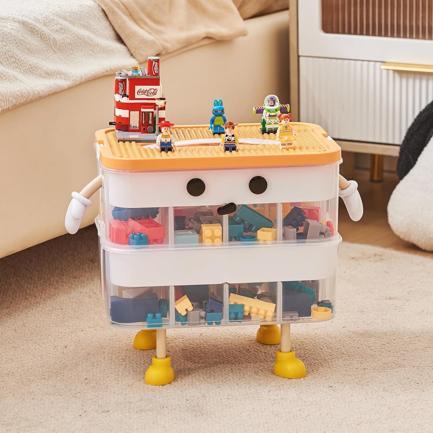 Organizers Storage Box for lego: Plastic Stackable Storage Case with Building Blocks Lids, Containers with Carrying Handle and Adjustable Grid Organizers, 1 Layer Orange