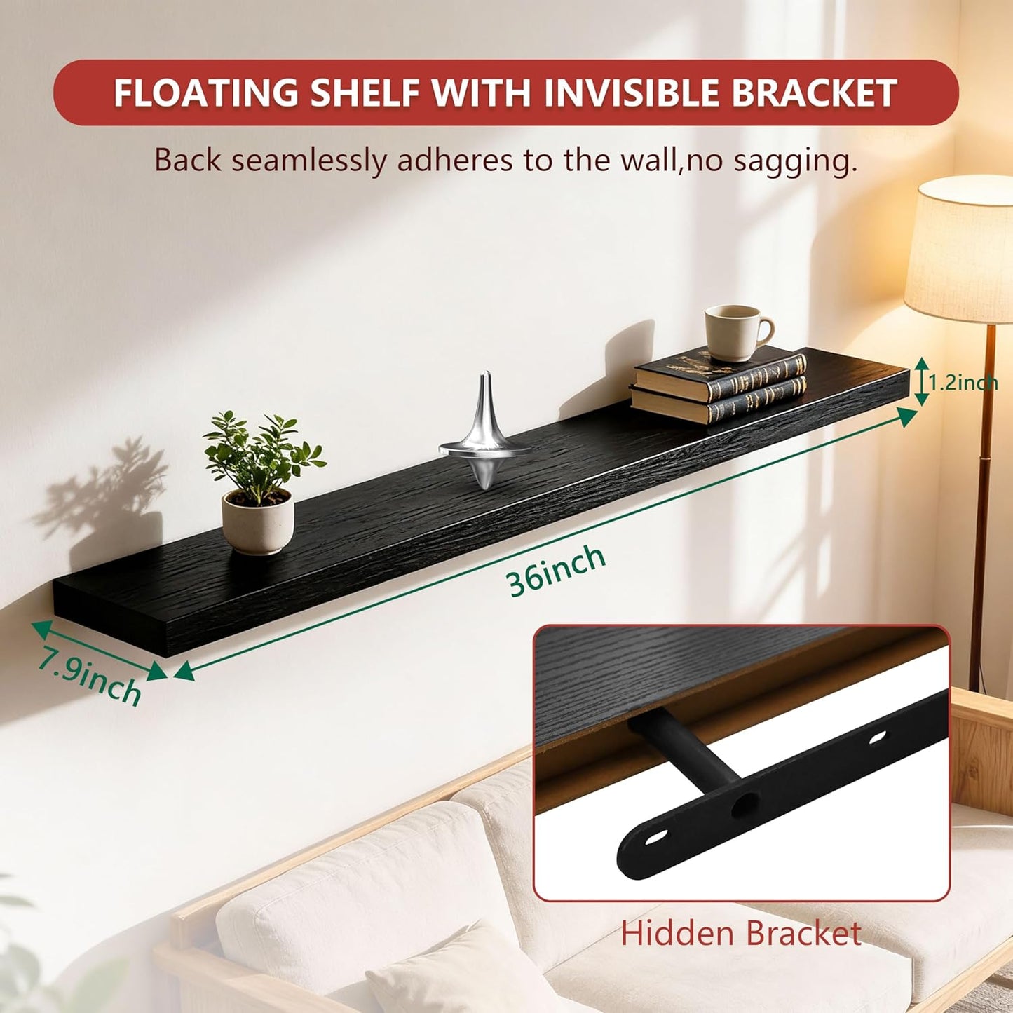 ROGMARS Black Floating Shelves for Wall,36 inch Rustic Wooden Floating Wall Mounted Book Shelves with Invisible Brackets for Living Room, Bedroom, Kitchen, Bathroom,Set of 3