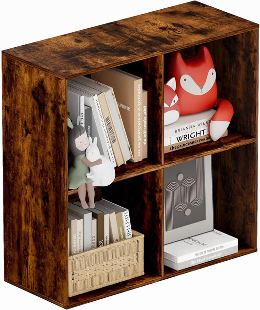 Book Shelf, Wooden Cube Storage Organizer with 11" Open Cubes, Stackable Bookcase for Room Divider Storage, 2 Tier Bookshelf for Living Room, Bedroom, Office (Indonesian Antique Oak, 4-Cube)