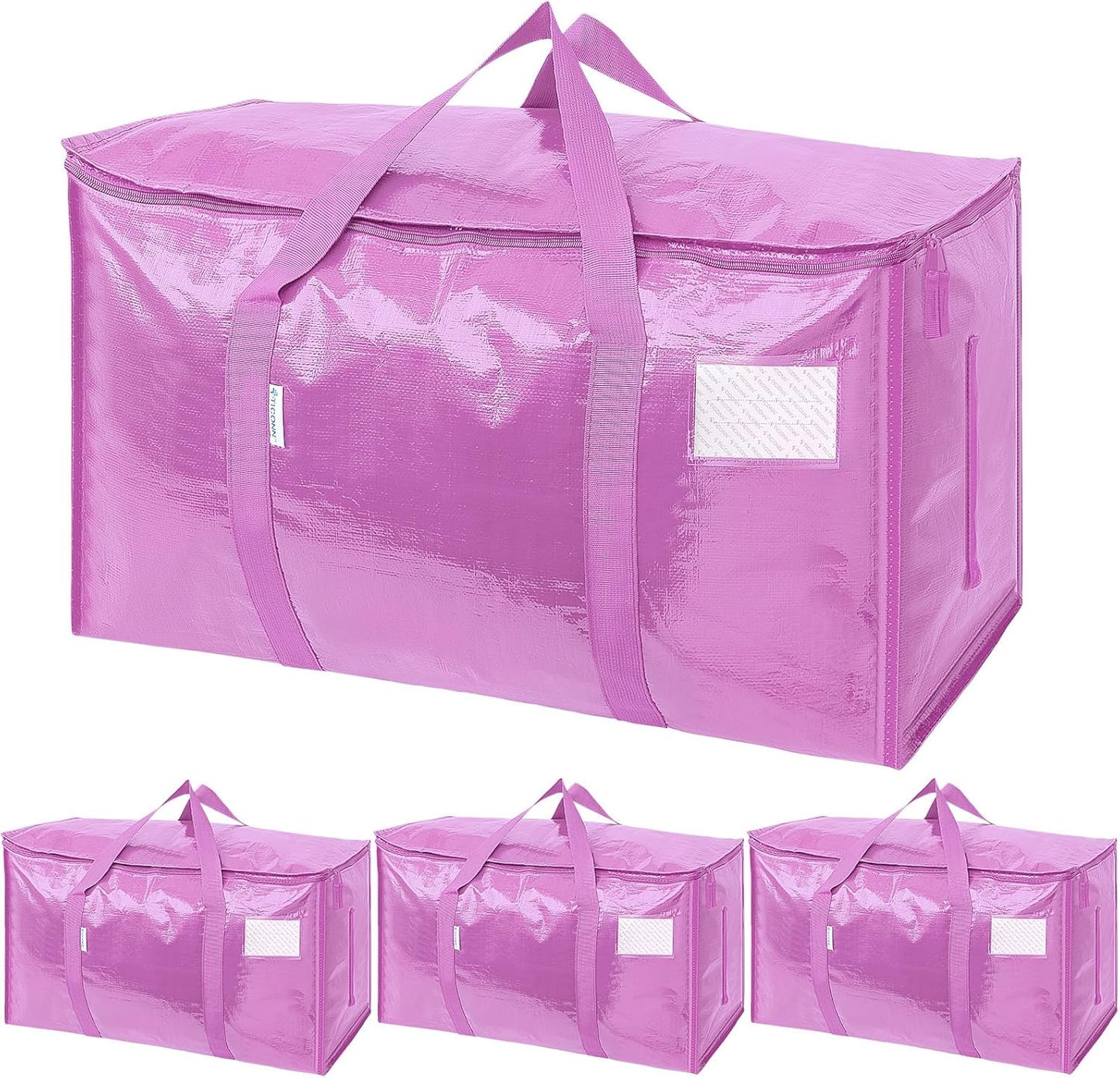 TICONN 4 Pack Extra Large Moving Bags with Zippers & Carrying Handles, Heavy-Duty Storage Tote Moving Boxes for Space Saving (4 Pack, Pink)