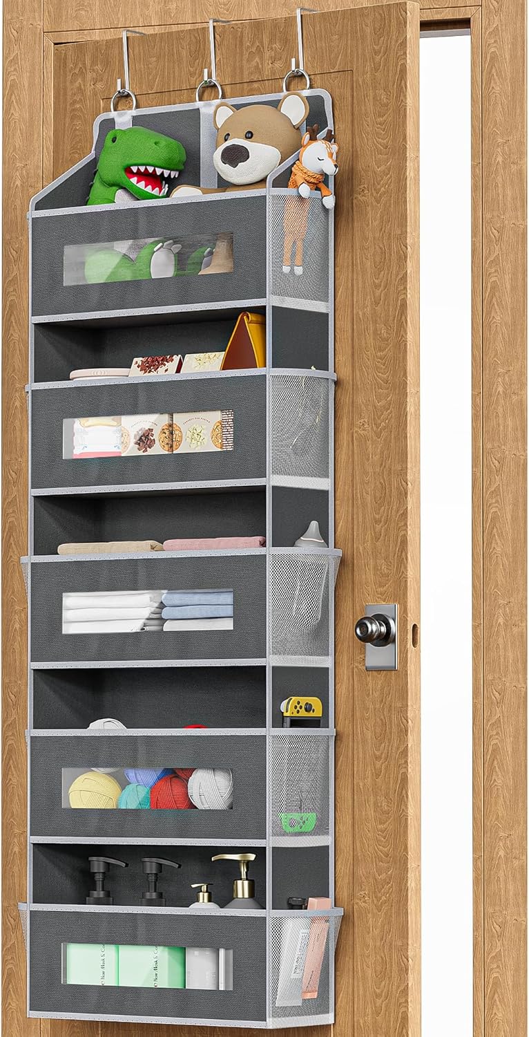 5-Tier Over The Door Storage Organizer with 10 Side Mesh Pockets, 48 lbs Load Capacity, 3 Hooks Design, Door Hanging Organizer with Clear Windows for Bathroom, Bedroom, Nursery, Kitchen-Grey