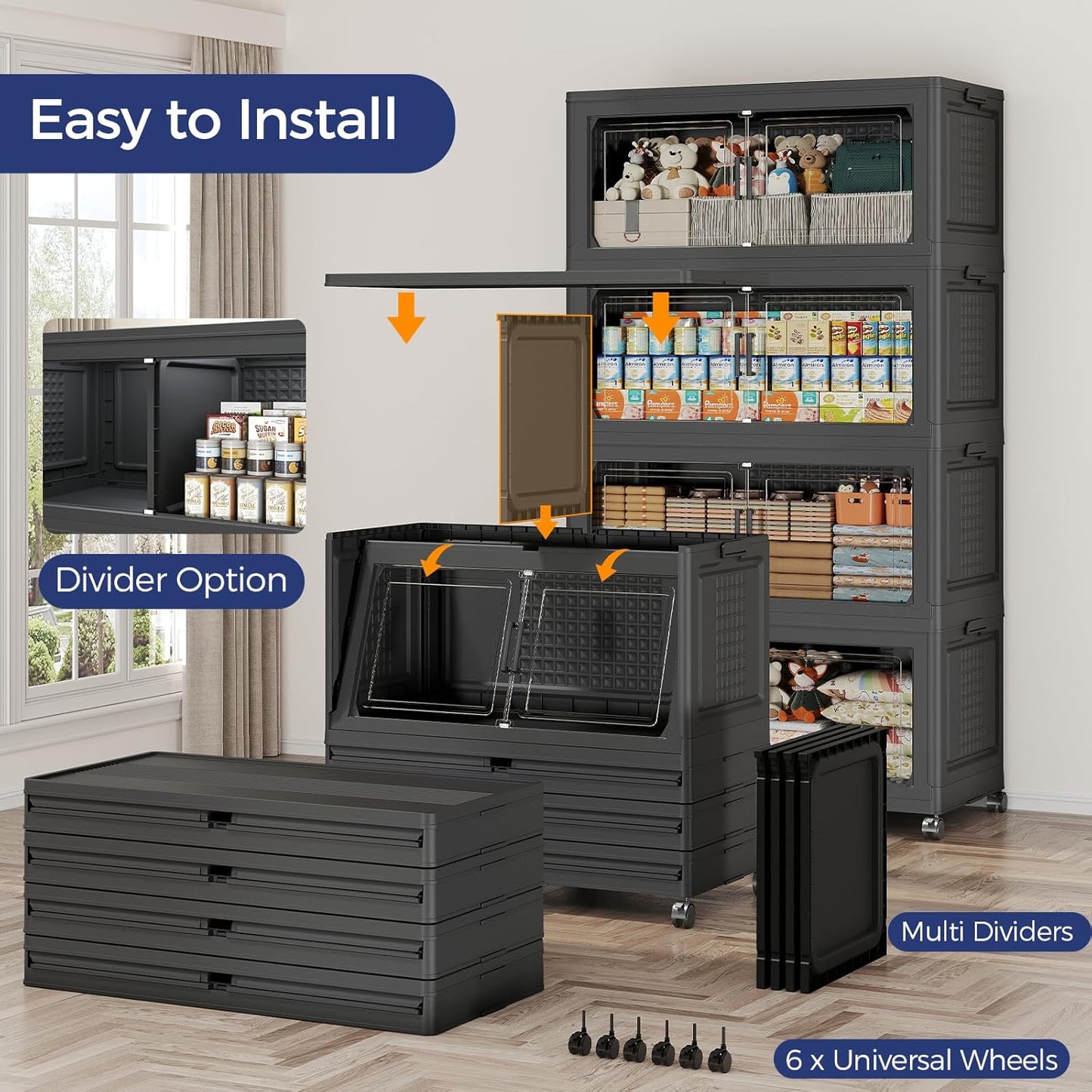 200Gal Stackable Storage Bins with Lid, 800Qt Extra Large Collapsible Storage Box with Wheels, Dividers, Folding Plastic Cabinet Closet Organizers for Home Kitchen Office Dorm, 4Pack Black