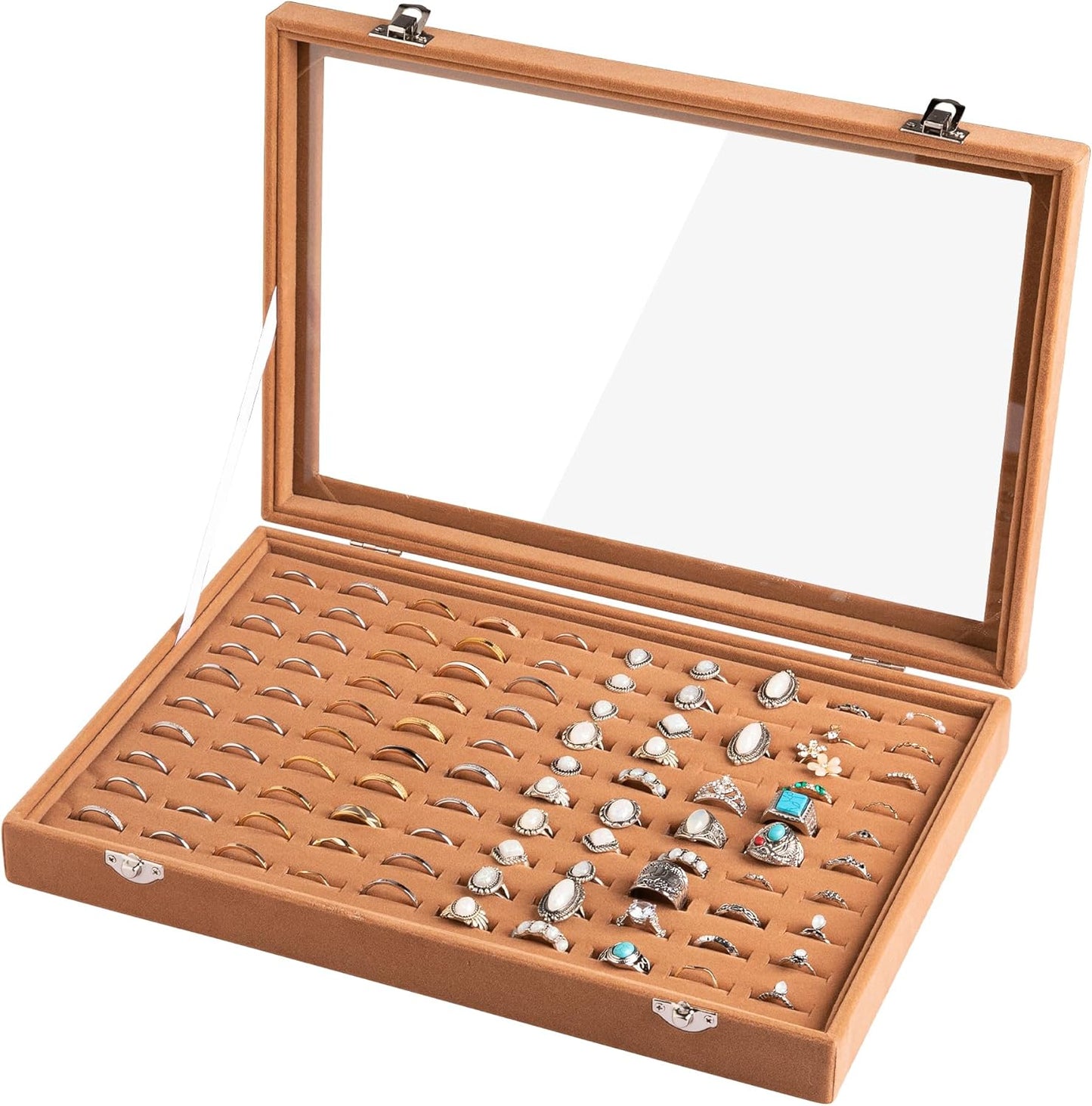 Frebeauty Ring Organizer Tray 100 Slots Ring Holder with Clear Lid Velvet Storage Box Jewelry Tray for Jewelry Store Earring Display Case for Jewelry Show Studs Box for WomenCamel