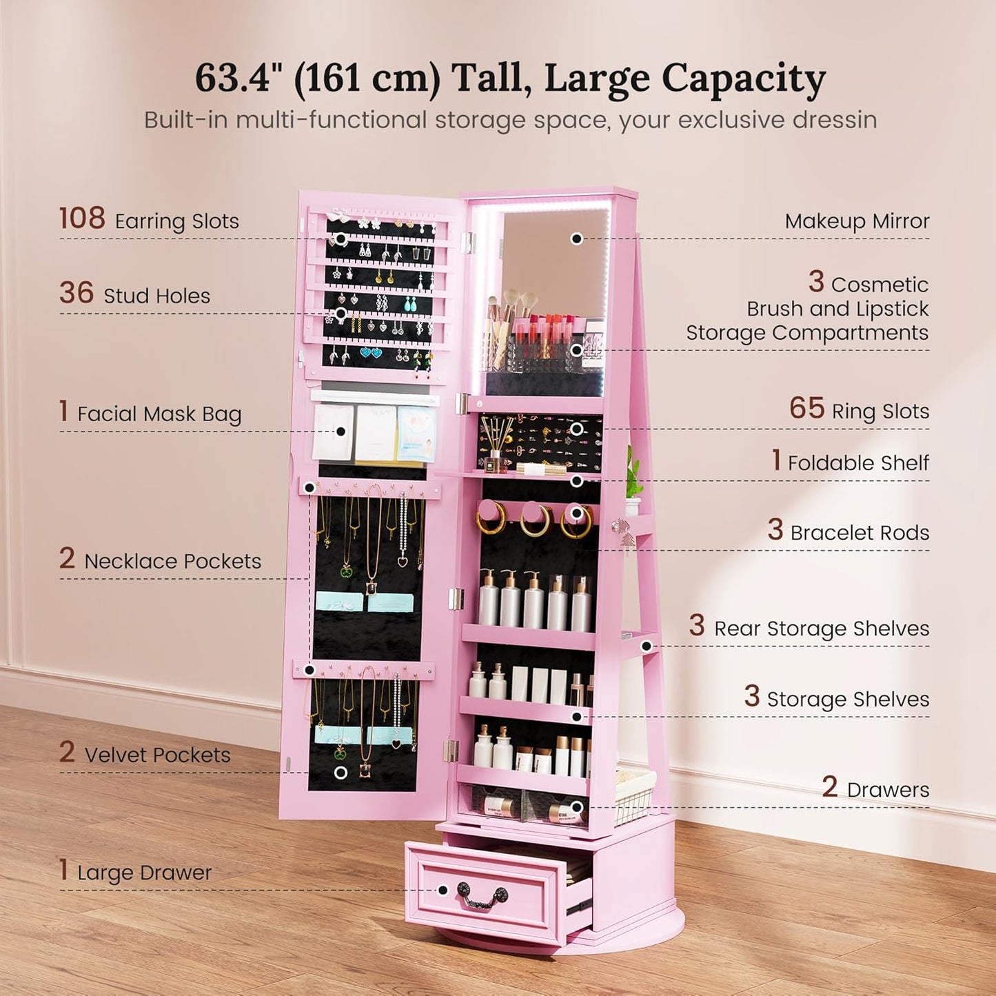 LVSOMT LED Mirror Jewelry Cabinet Standing, 360°Swivel Jewelry Armoire with Full Length Mirror, Mirror with Jewelry Storage and Large Wooden Drawer for Christmas Gifts (Pink)
