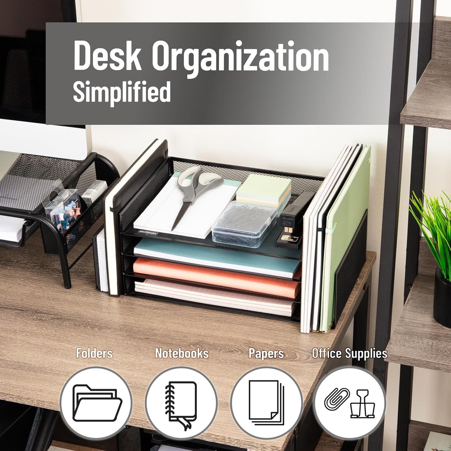 Mind Reader Desktop Organizer, File Storage, Paper Tray, Workspace, Office, Metal Mesh, 16.75"L x 9.15"W x 6"H, Black