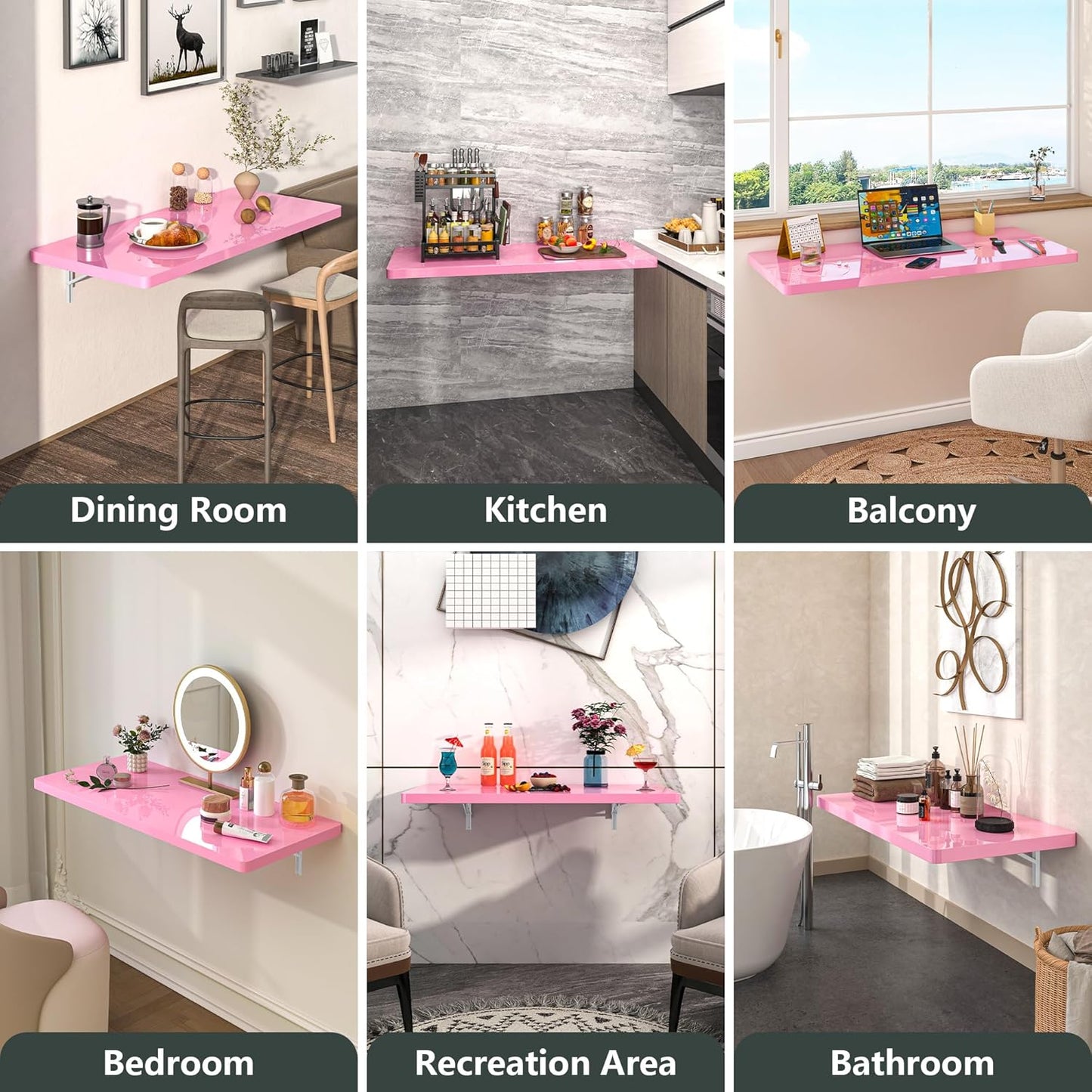 Clikuutory Wall Mounted High Gloss Folding Table, Wall Desk Fold Down for Small Spaces, Folding Workbench for Laundry Room, Home Office, Kitchen, Bedroom, Home Bar, Pink (39.4"×19.7")