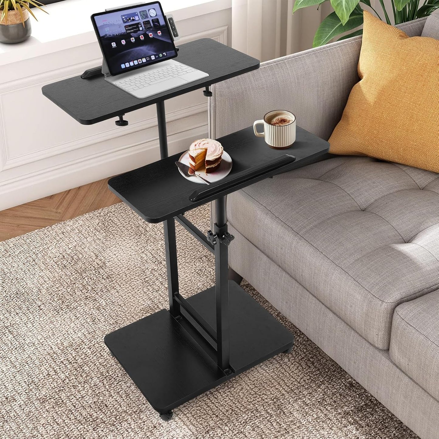 Rolling Desk for Laptop - Standing or Sitting Mobile Computer Cart with Wheels, Adjustable Height & Angle 23.6-inch Surface - Portable Home Office Workstation - Black