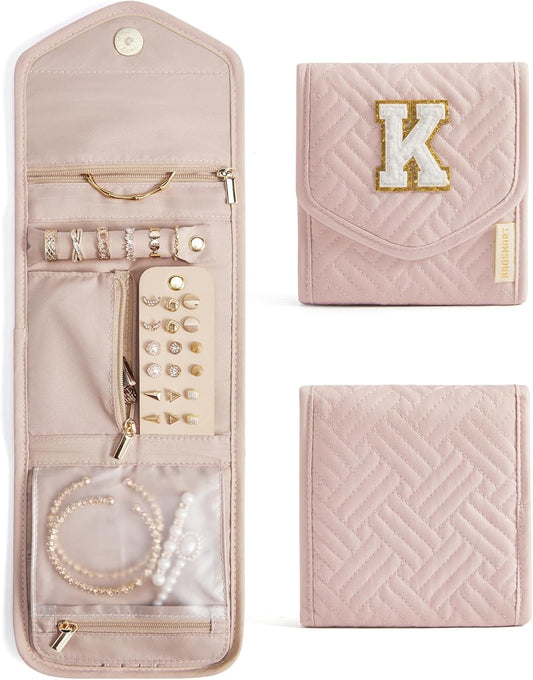 BAGSMART Travel Jewelry Organizer Case K Initial Foldable Jewelry Roll for Journey Rings, Necklaces, Earrings, Bracelets,Mini,Letter K,Soft Pink