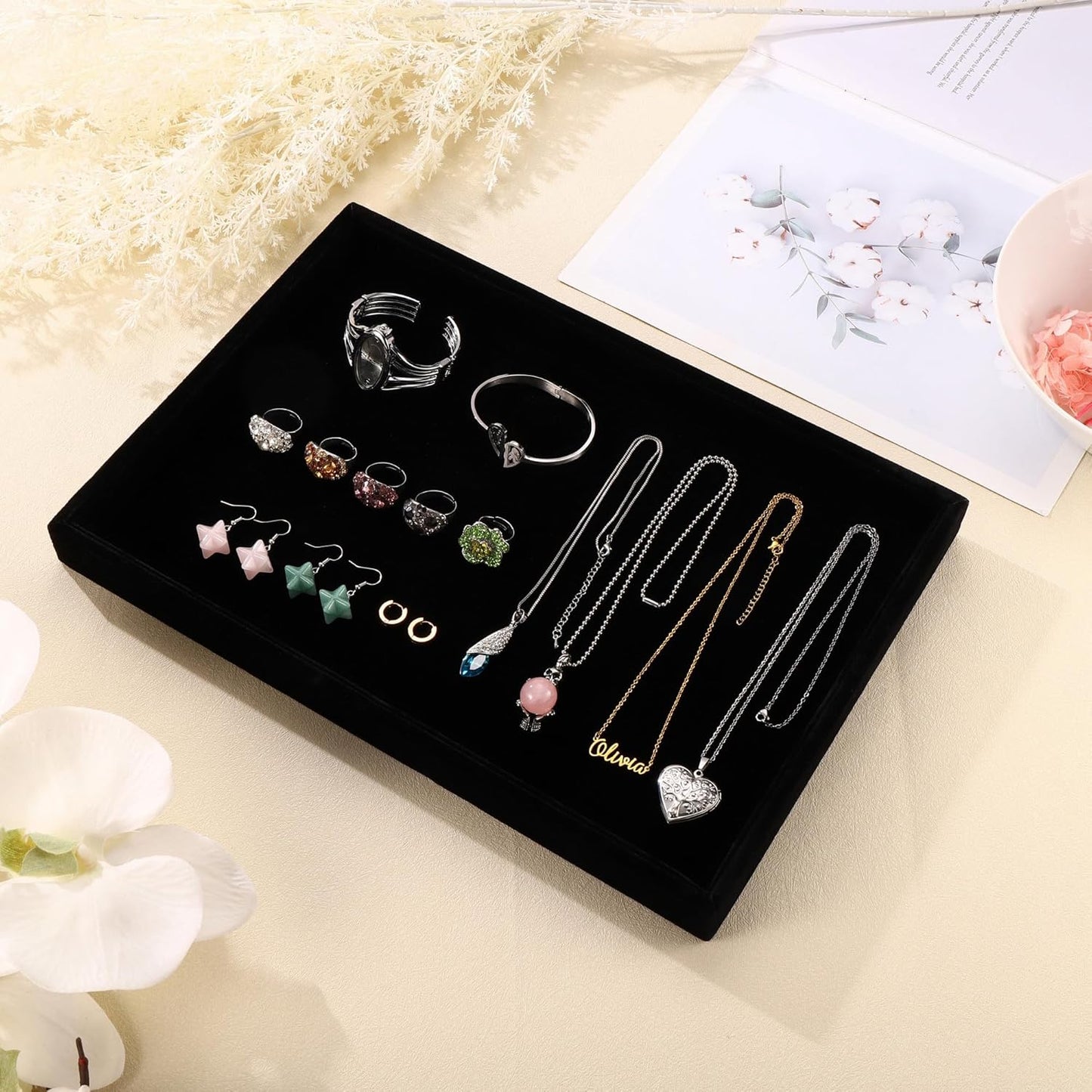 Mornajina 13.8" x 9.5" Velvet Jewelry Tray Jewelry Display Tray, Stackable Empty Plate Trays for Earrings Necklaces Bracelet Rings Display Showcase - Black