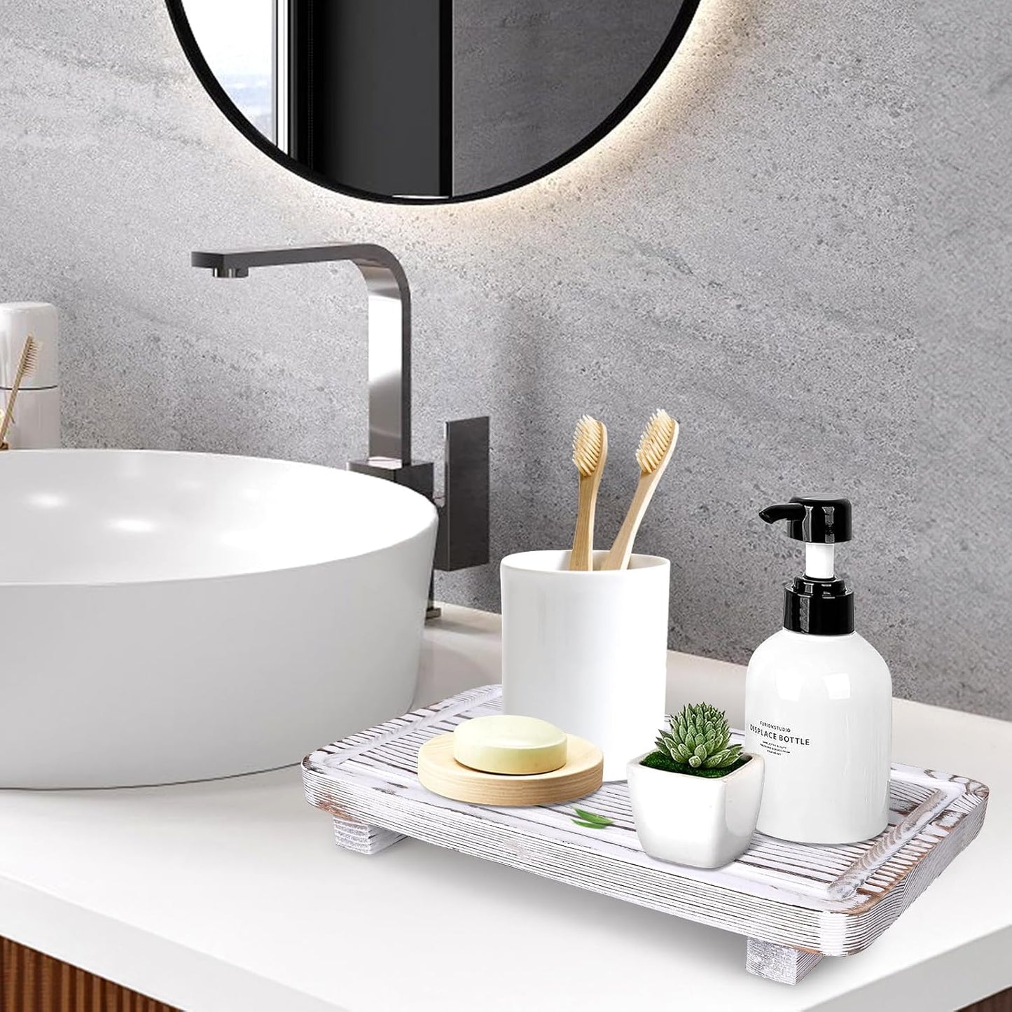 Bathroom Counter Tray Wood Pedestal Stand White Kitchen Countertop Trays Decorative Wooden Riser Display Stands Dish Soap Dispenser Holder for Bathroom Sink Accessories Kitchen Decor Vanity Tray
