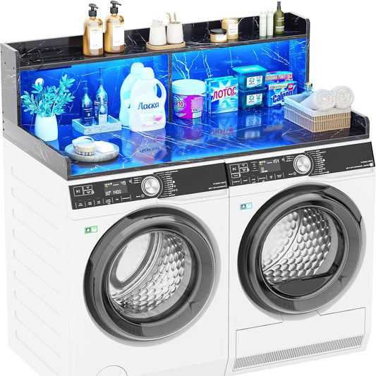 Aheaplus Washer and Dryer Countertop, 2-Tier Laundry Countertop Cover with LED Lights and Power Strip, Large Space Laundry Topper with Shelf for Laundry Room Organization, Black Marble
