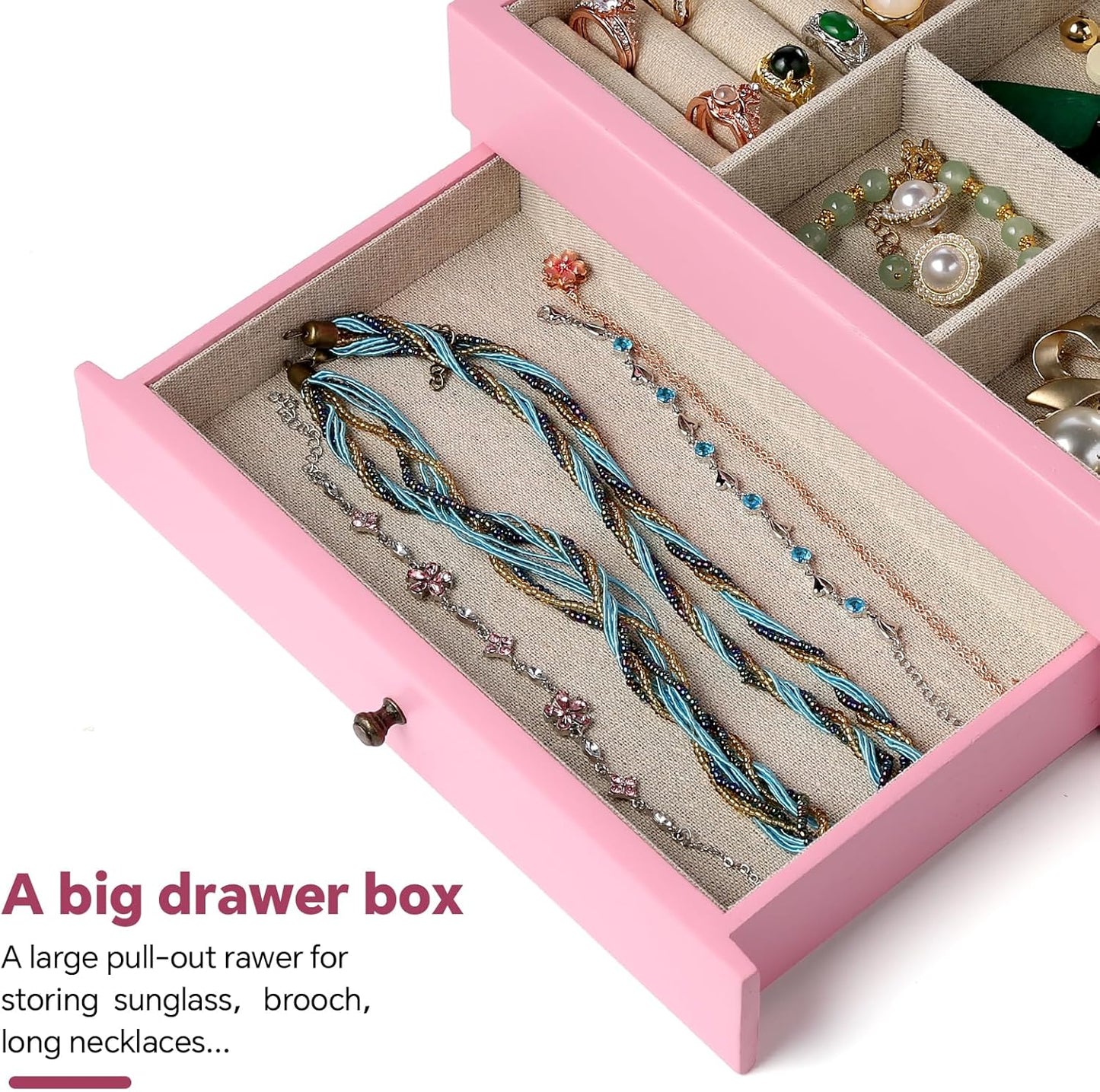 Meangood Jewelry Box Organizer for Women, 2 Layer Large Jewelry Storage Case, Rustic Wooden Jewelry Box with Mirror & Ring Tray for Necklace Earring Bracelets Rings, Vintage Style (Pink)