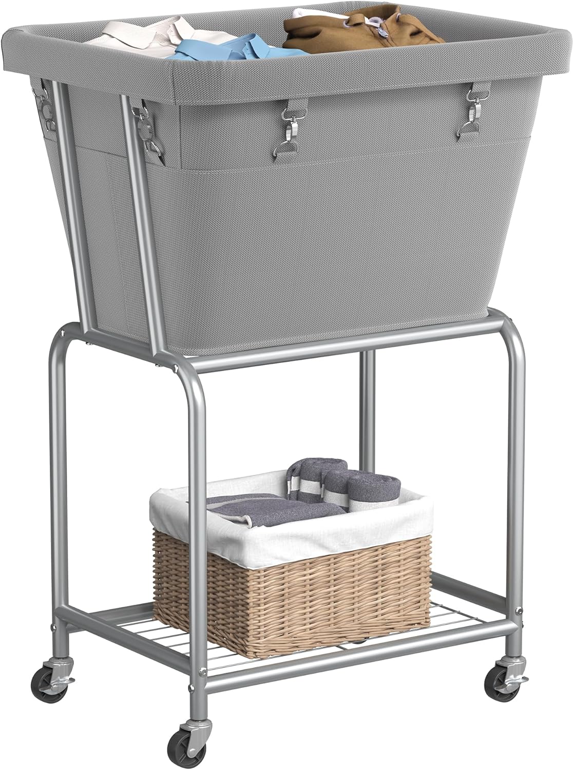 ELYKEN Laundry Cart with Wheels, Rolling Laundry Hamper with Removable Bag and Shelf, Metal Frame Laundry Basket with 4 Casters and 2 Brakes, Ideal for Bedroom, Bathroom, Laundry Room, Gray