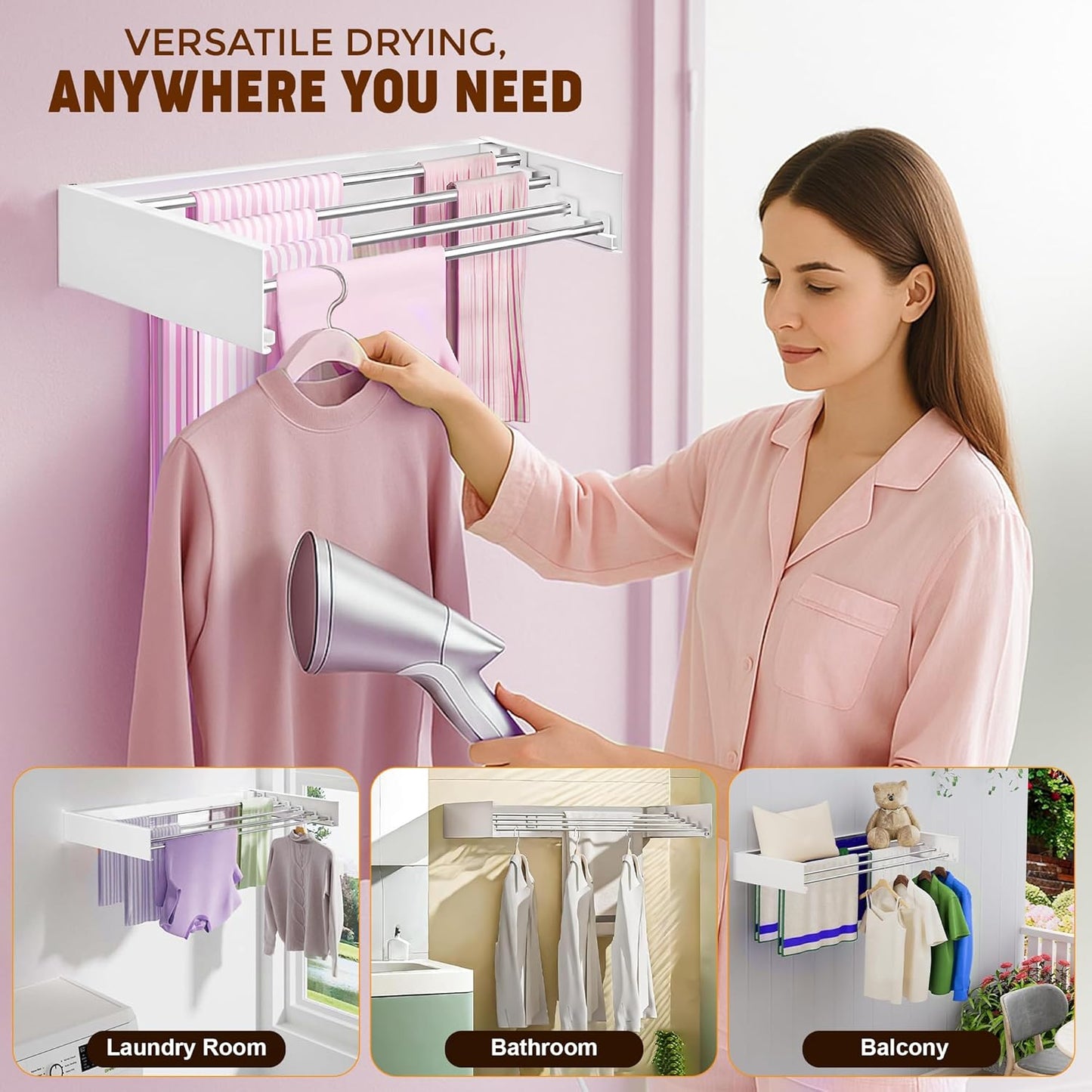 32” Foldable Clothes Drying Rack Wall Mounted - Laundry Drying Rack Collapsible with 4 Steel Poles - Wall Mounted Laundry Room Organization and Storage for Kitchen, Bathroom, Indoor-Outdoor Use