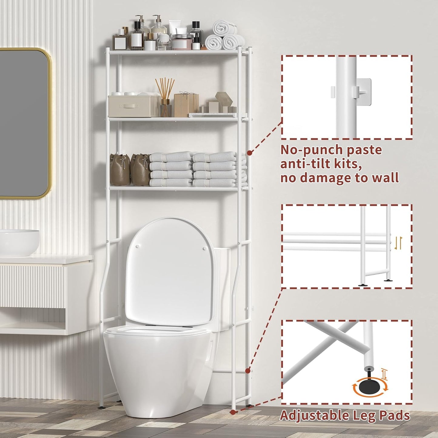 3-Tier Over The Toilet Storage, Freestanding Metal Bathroom Shelves, Space Saver Above The Over Toilet Storage Shelf for Bathroom (White)