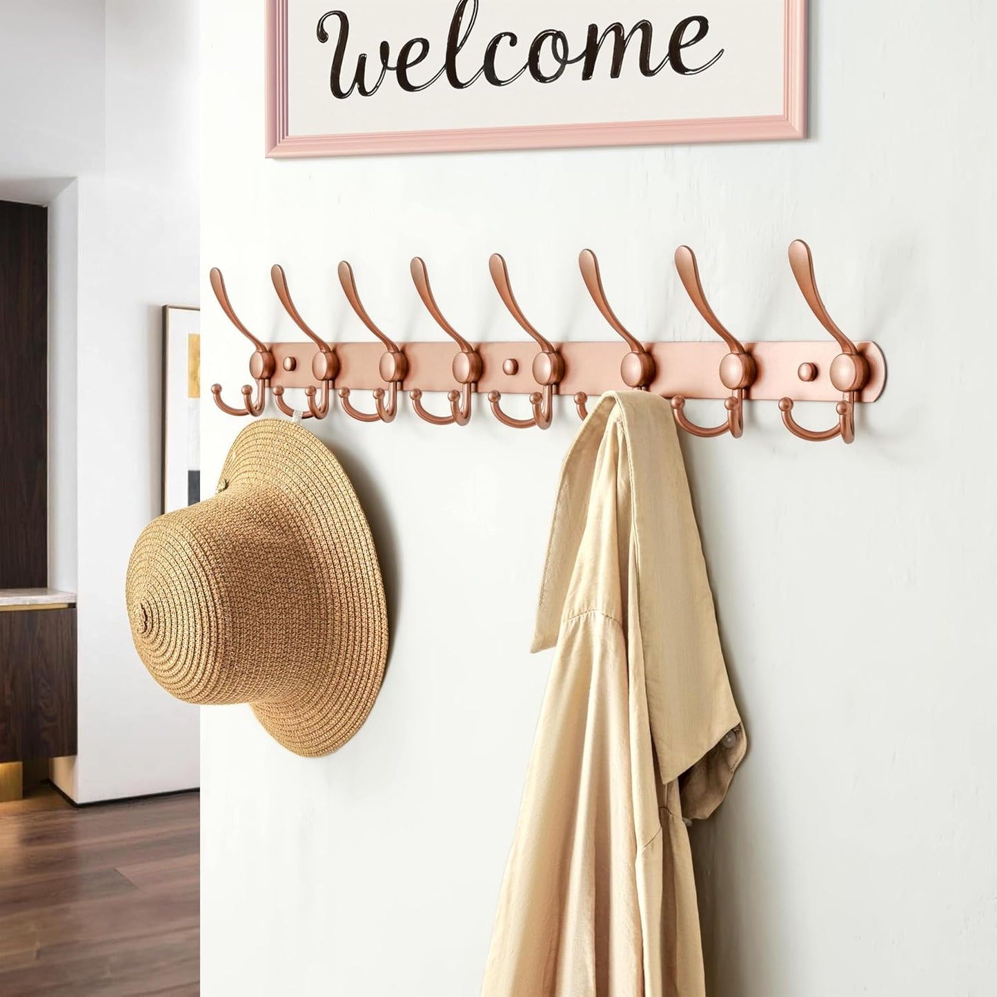 Dseap Coat Rack Wall Mount - 29.5” Long 8-Tri-Hooks Heavy Duty Coat Hanger Rail Wall Hooks for Hanging Coats Hats Clothing Clothes Purse Mudroom Entryway, Rose Gold
