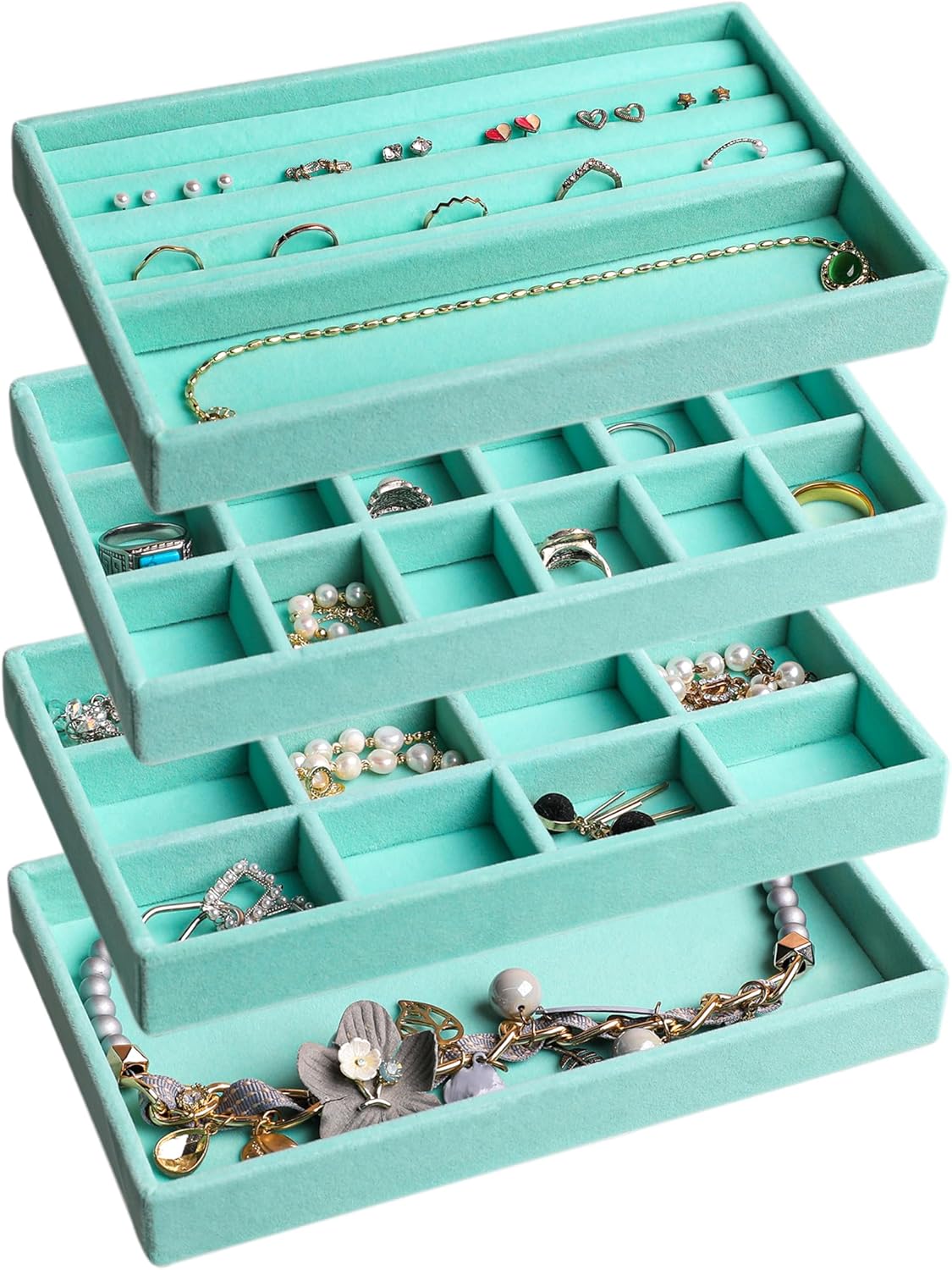 Frebeauty Jewelry Organizer Tray,Stackable Velvet Jewelry Trays,Drawer Inserts Earring Organizer For Women Jewelry Storage Display Case for Rings Stud Necklaces,Set of 4(Turquoise)