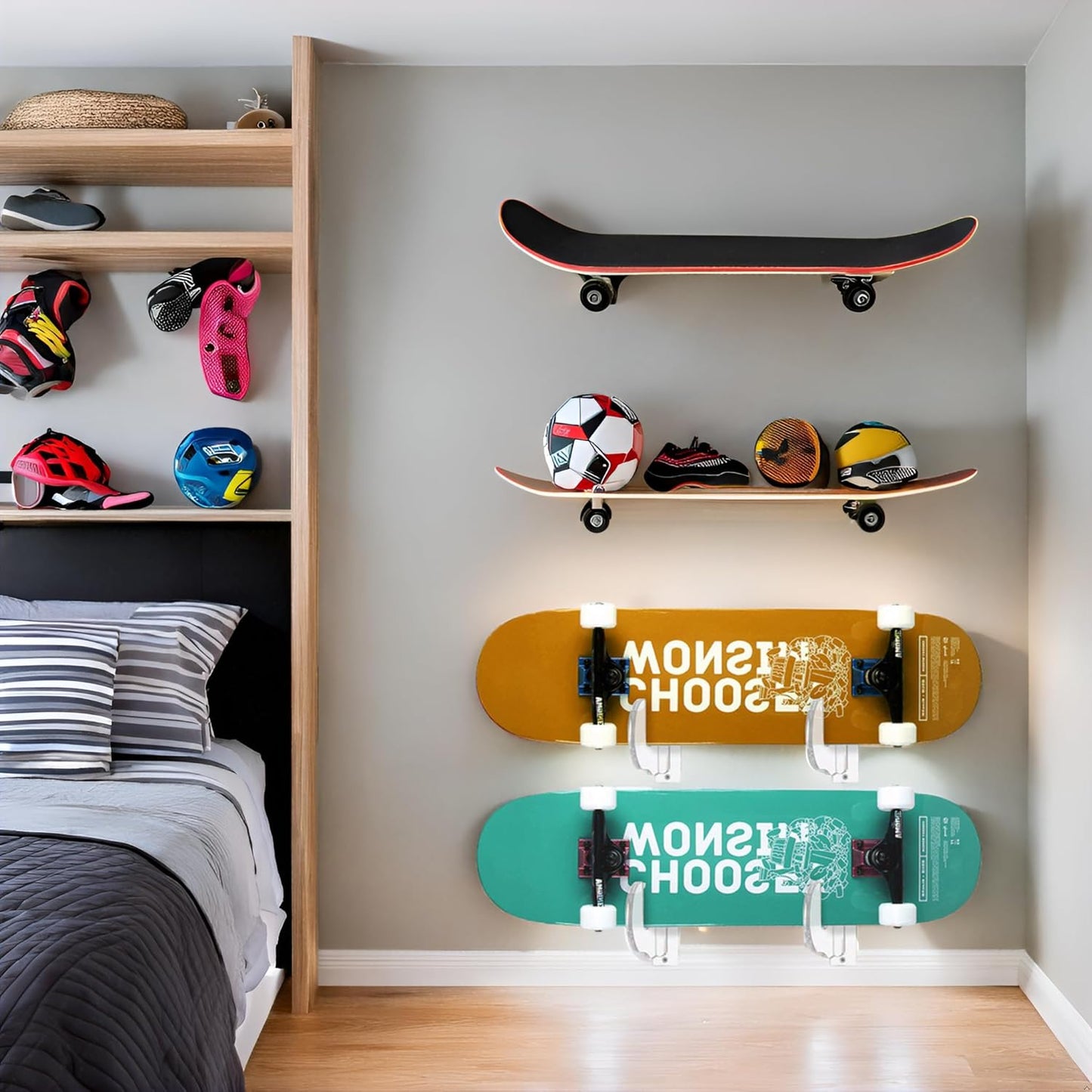 BiJun Skateboard Wall Mount, Snowboard Wall Mount Display, Acrylic Horizontal Skateboards Rack, Skateboard Storage Hanger (Transparent)