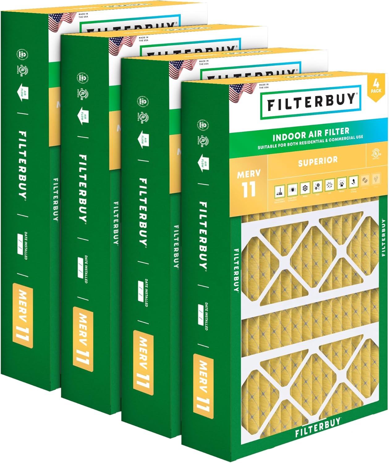 Filterbuy 15.75x27.63x3.50 Air Filter MERV 11 Superior Pet & Allergy Defense (4-Pack), Pleated HVAC AC Furnace Filters for AprilAire Space-Gard 104 & 2140 (Actual Size: 15.69 x 27.56 x 3.50)