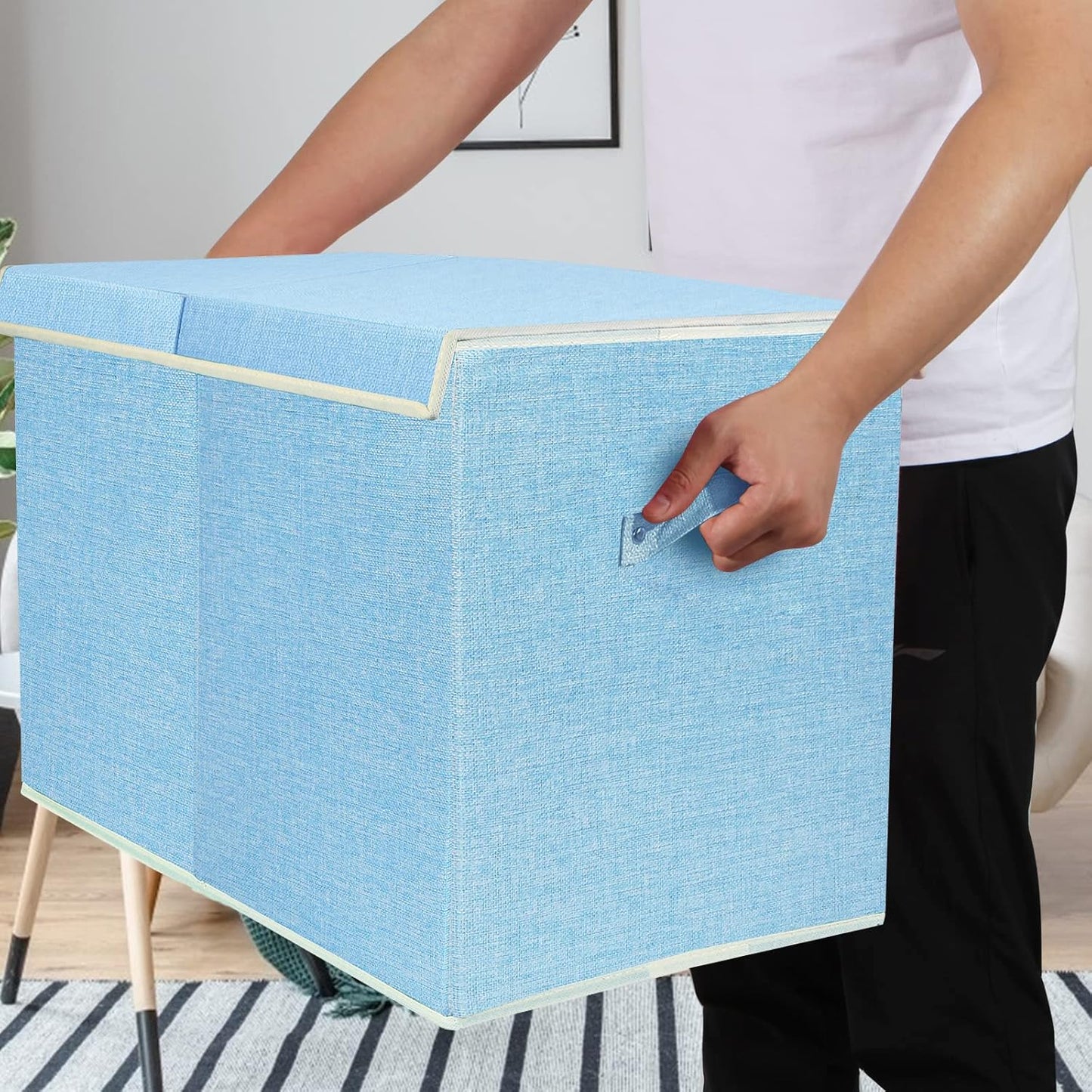 popoly Large Toy Box Chest with Lid, Collapsible Sturdy Toy Bin Storage Organizer Boxes Baskets for Kids, Boys, Girls, Nursery, Playroom, 25"x13" x16" (Linen Blue)