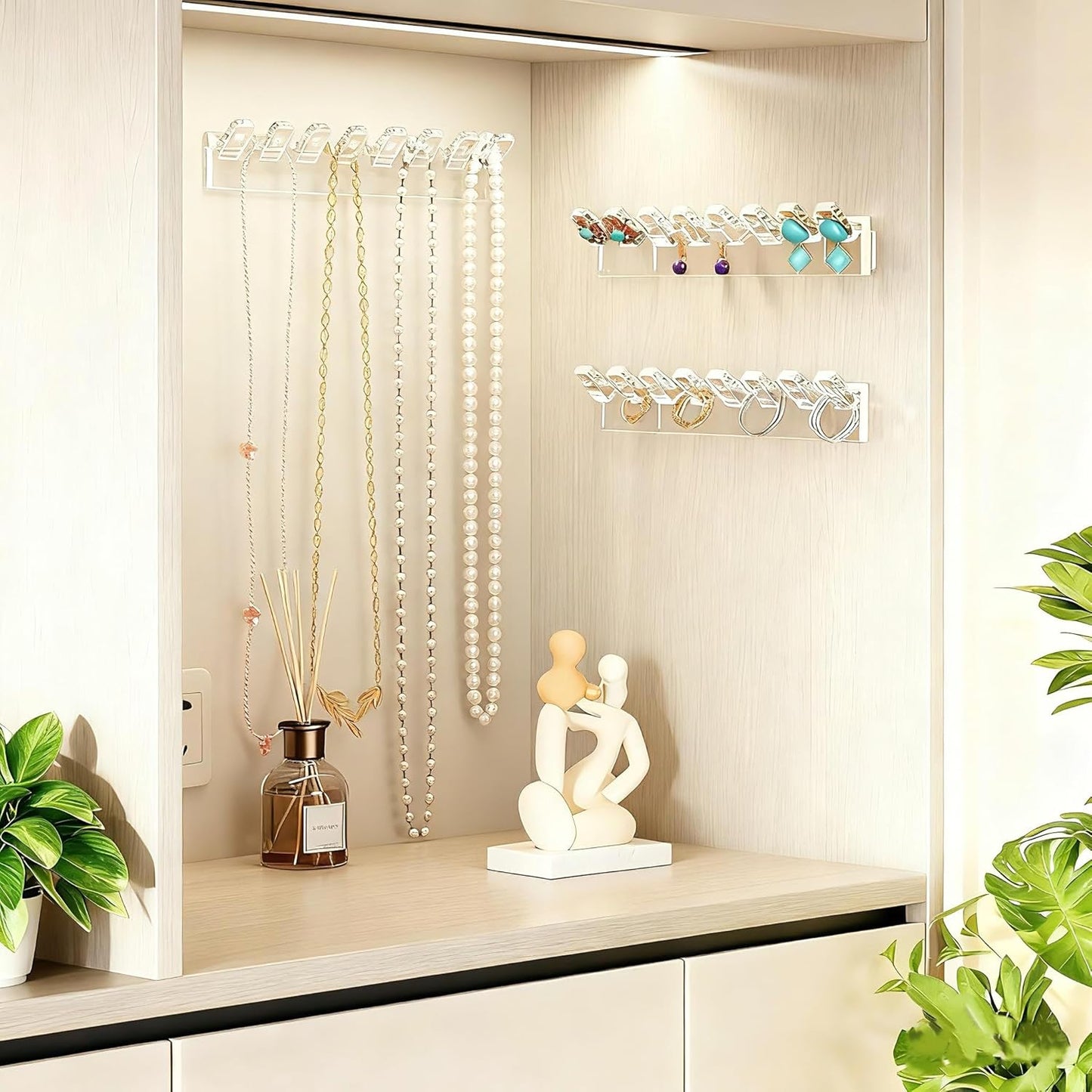6 Pack Acrylic Necklace Hanger Wall Mounted Necklace Organizer Hanging Jewelry Organizer with 48Hooks for Necklaces, Earrings and Bracelets