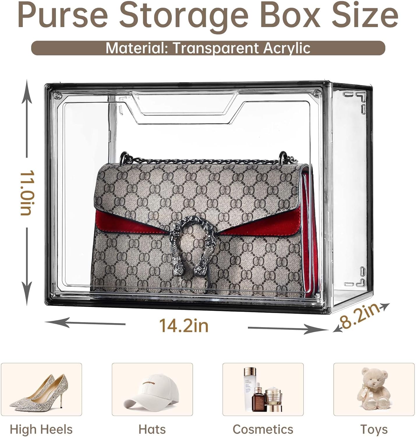 Purse Organizer for Closet,Clear Acrylic Display Case for Handbag Organizer, Purse Storage Box with Magnetic Door, Dustproof Storage Bins for Book, Collectibles, Cosmetic (Grey, 5)