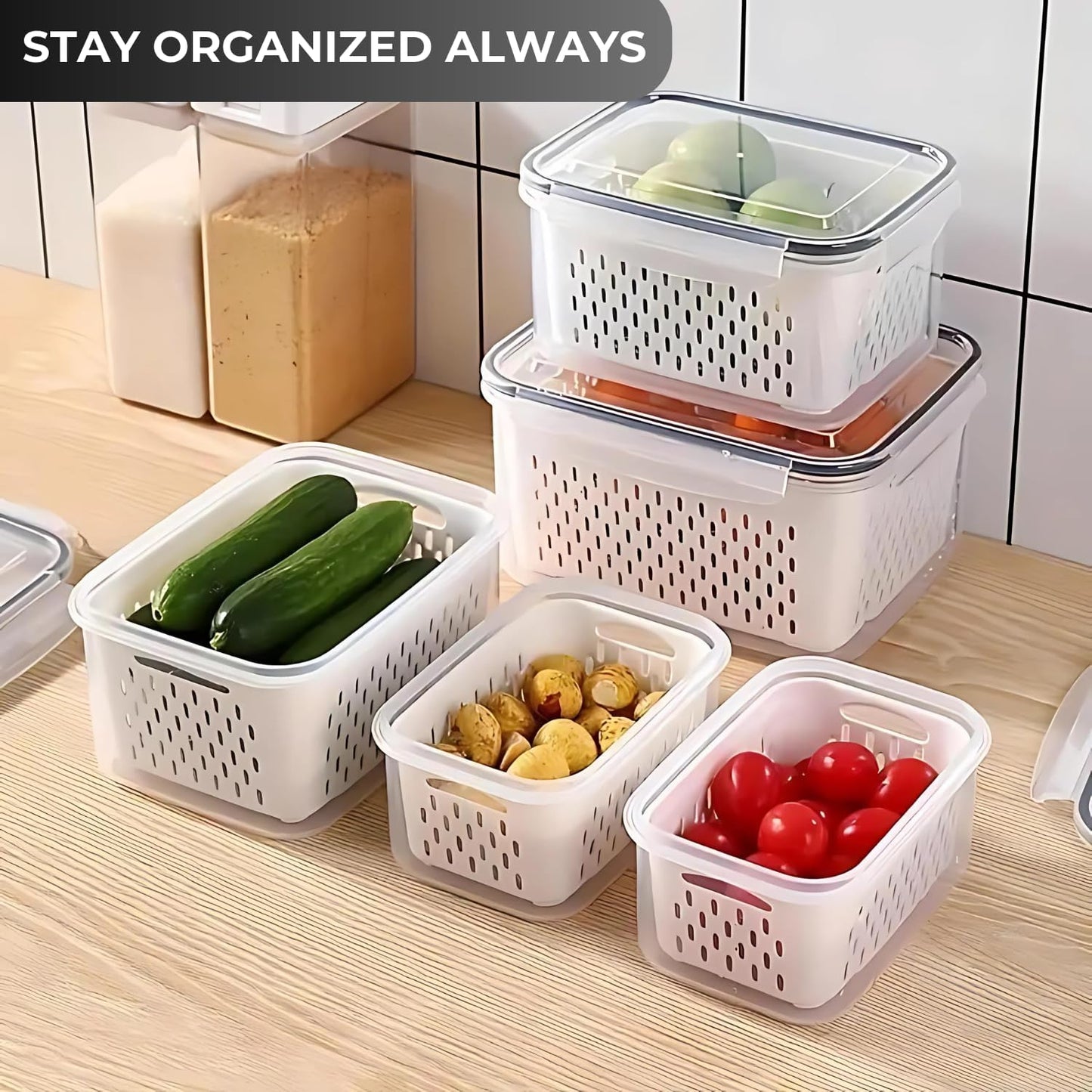 4 PCS Fruit Containers for Fridge, Leakproof fruit storage containers for fridge with Removable Colander