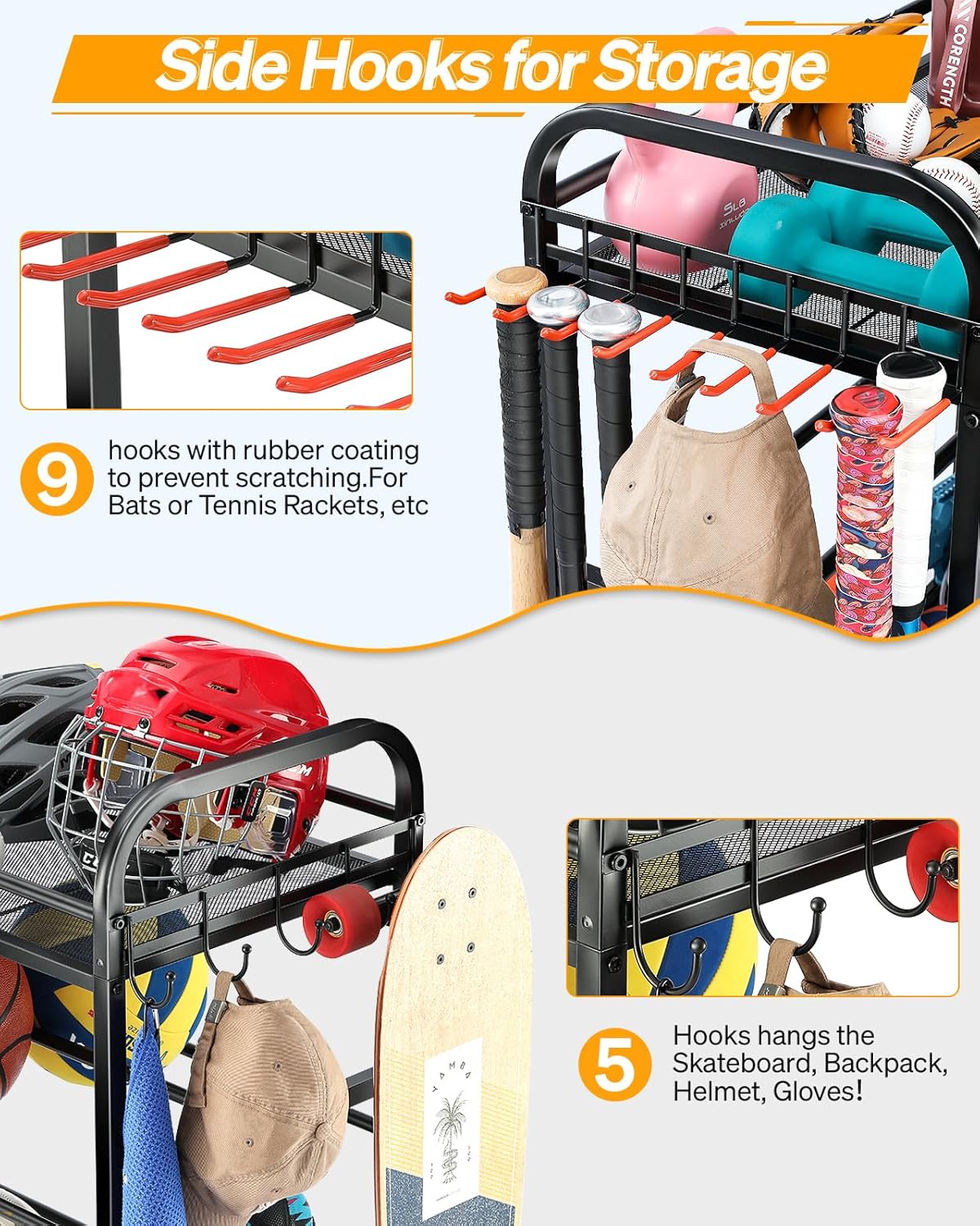 Ball Storage Sports Equipment Organizer - Garage Storage Cart Rolling Ball Storage Rack with Hooks Wheels Outdoor Indoor Gym Gear Toy Holder Bin for Basketball, Baseball, Soccer