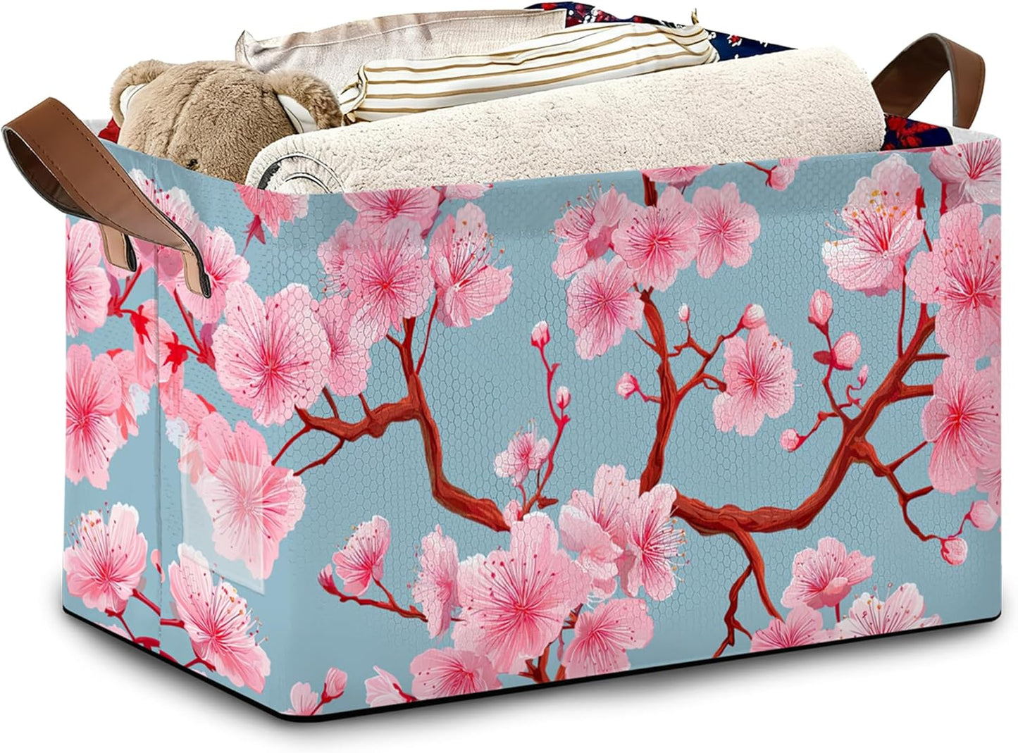 Cherry Blossoms Collapsible Storage Box,Japanese Organizer Bin with Handles for Room Decoration,Bins Book Basket Box 17x11.5x10Inch
