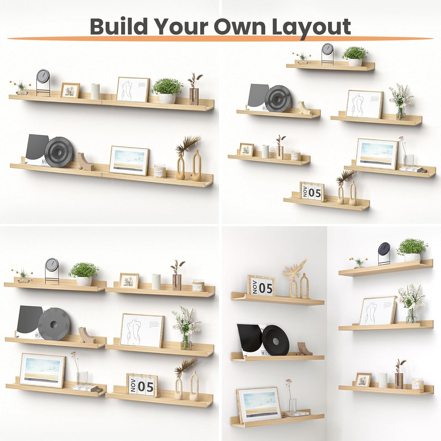 upsimples Floating Shelves for Wall, 23.6 Inch Shelves for Decor Storage Set of 6, Wall Mounted Wood Shelf for Bedroom, Living Room, Bathroom, Kitchen, Long Picture Ledge Shelves, Natural