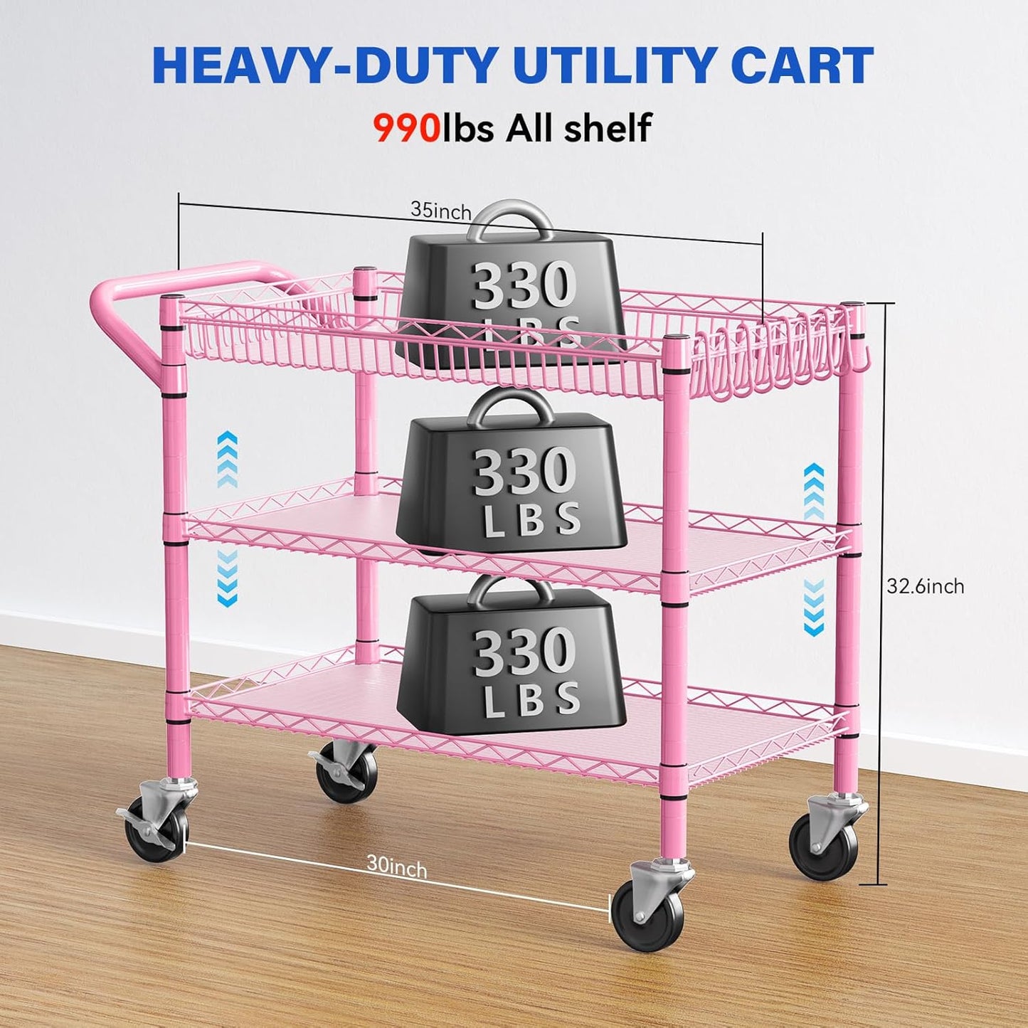 YNN Pink Rolling Cart, 990Lbs 3 Tier Heavy Duty Metal Cart with Wheels & Handle NSF Wheeled Cart 31" D x 18" W x 33" H for Bedroom, Bathroom, Kitchen,Garden,Decor,Serving