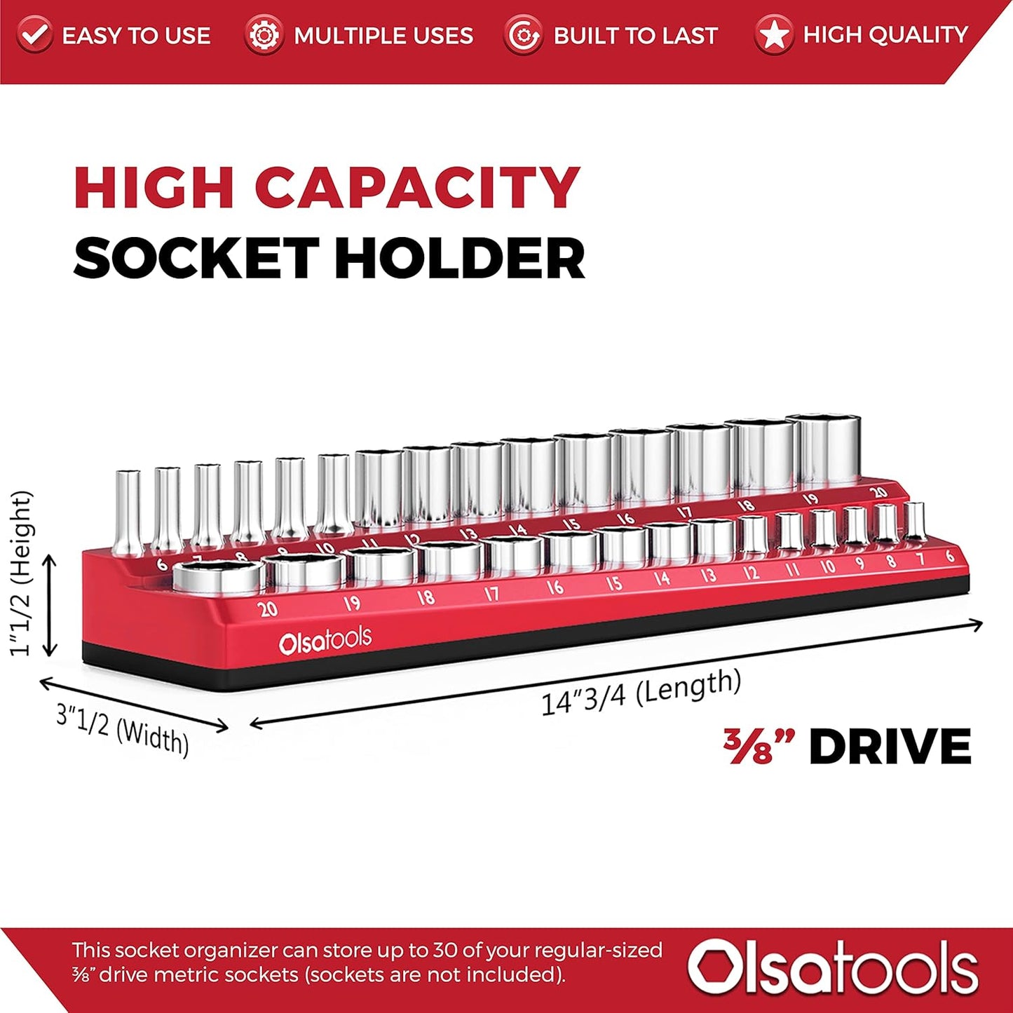 Olsa Tools Magnetic Socket Holder | 3/8-inch Drive | Metric | Red | Holds 30 Sockets | Professional Quality Tools Organizer
