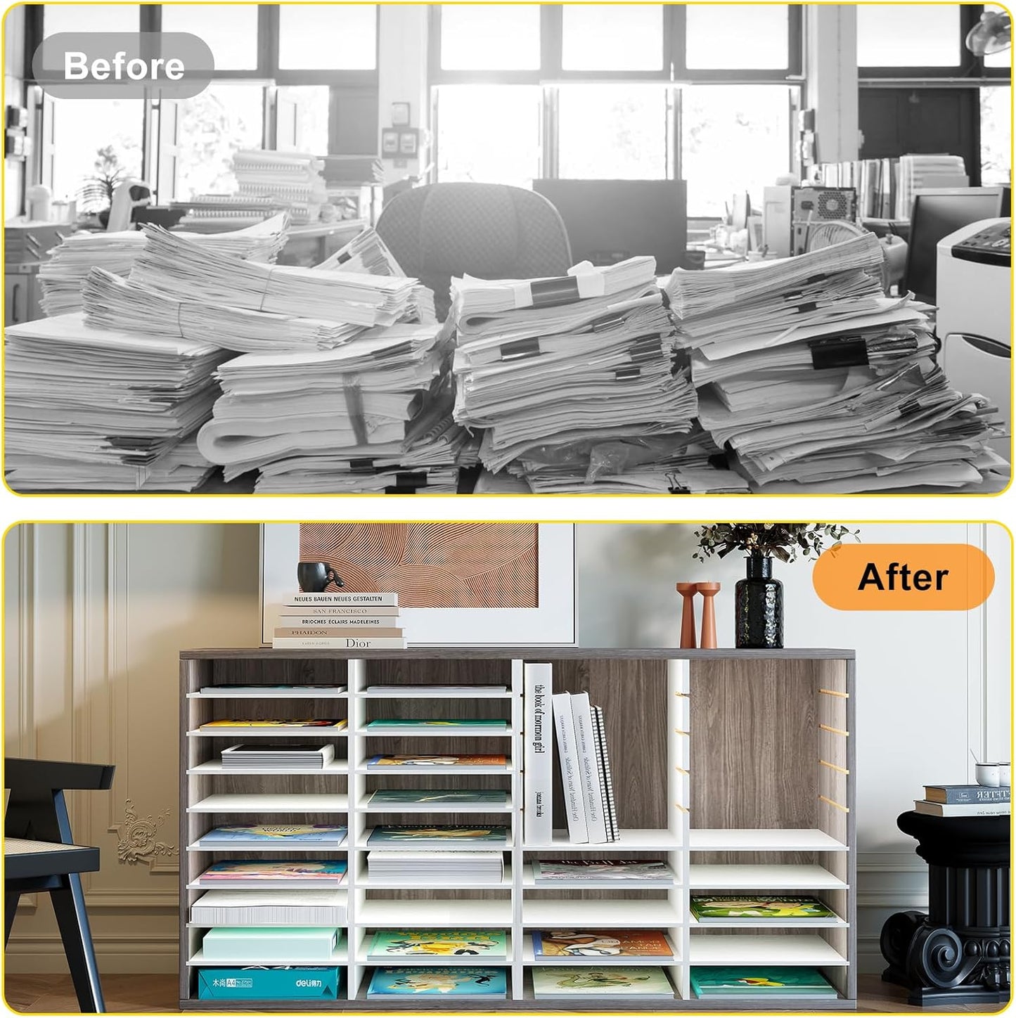TQVAI Literature Organizer, Heavy Duty 36 Compartments Countertop Mail Organizer with Adjustable Shelves, Wooden Desk Paper Storage Organizer, Mailboxes Cubbies for Office, Classroom, Retro Grey/White