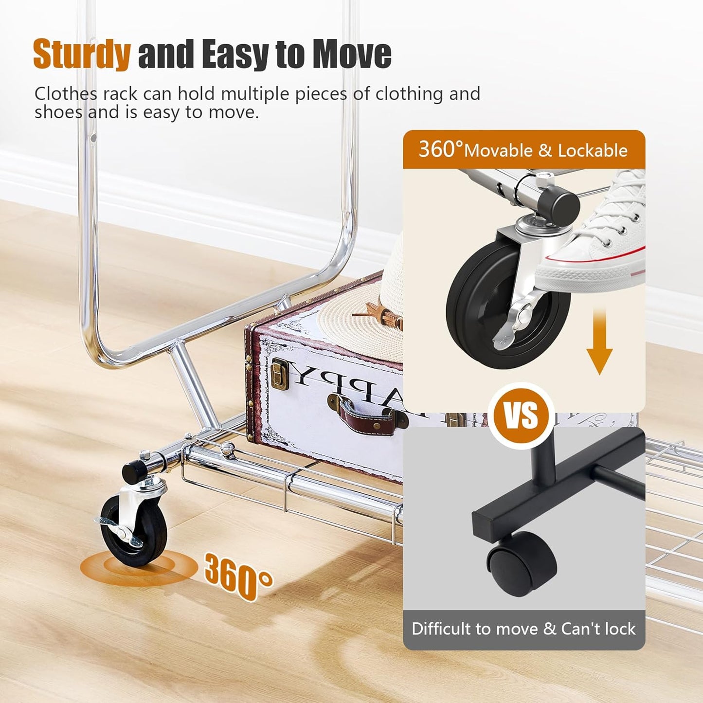 Heavy Duty Clothes Rack Load 620 Lbs, Double Rod Rolling Clothing Rack With Sturdy Wheel And Shelves，Adjustable Portable Hanging Rack For Clothes,Silver Stainless Steel