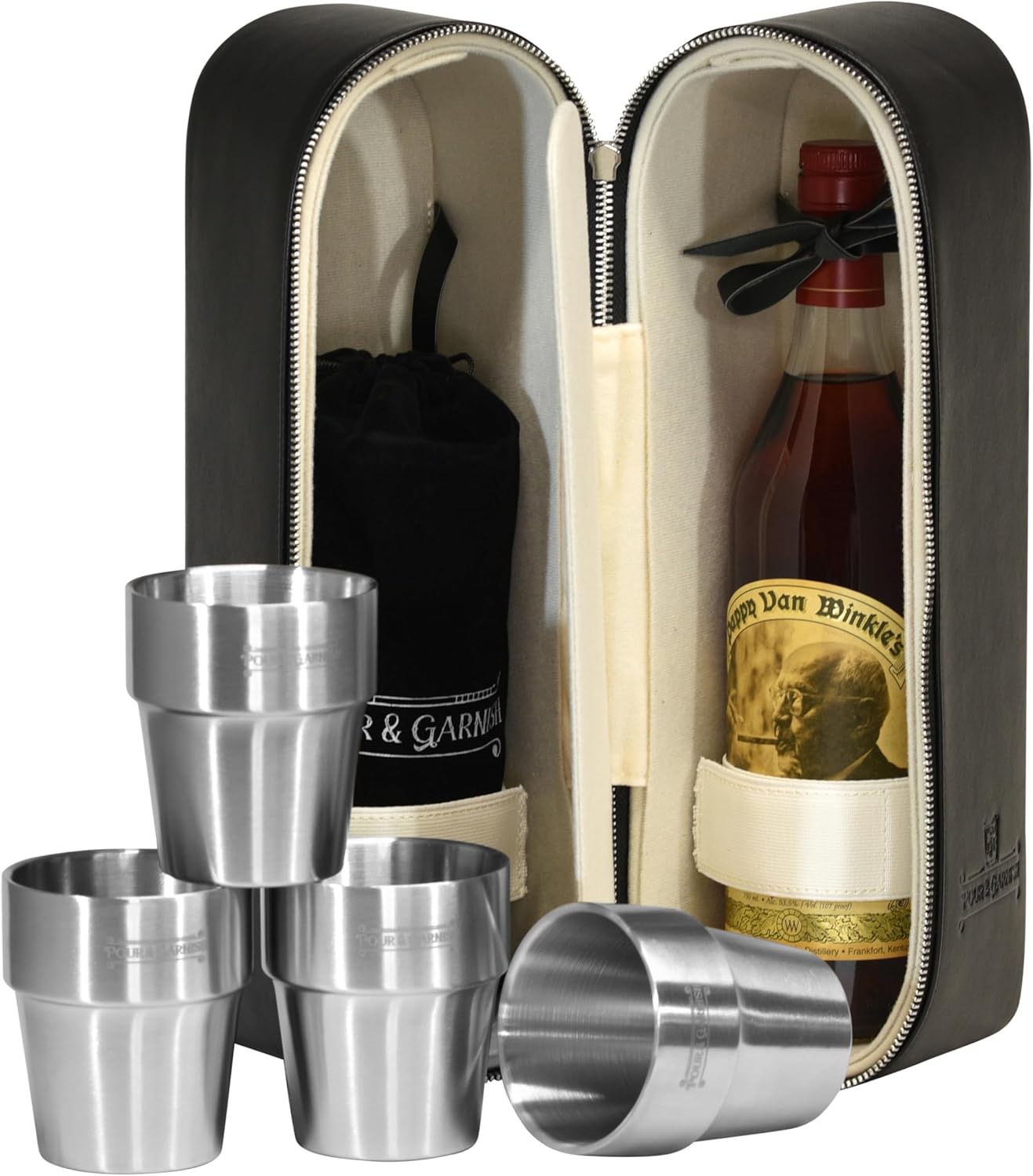 POUR & GARNISH Bourbon, Whiskey & Wine Double Bottle Travel Bag – Vegan Leather Spirits Carrier with 4 Stainless Steel Insulated Glasses & Gift Pouch – Luxury Barware Gift