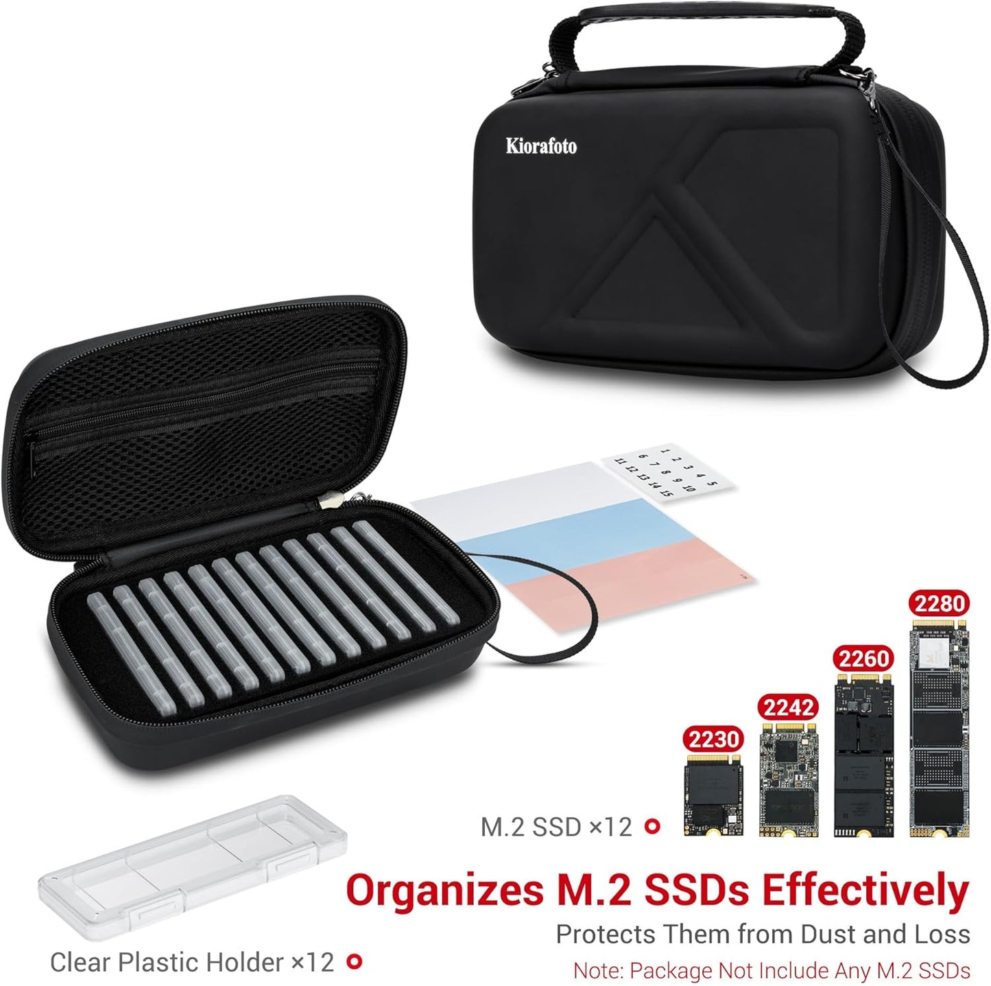 EVA PU M.2 SSD Holder with 12 Clear M.2 NVMe Cases for 2280/2260/2242/2230 SSDs, Water-Resistant & Shockproof with Zipper Pocket & Carry Handle