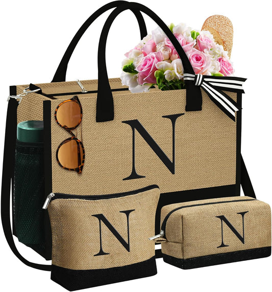 YOOLIFE Christmas Gifts for Women - Initial Jute Tote Bag & 2 Makeup Bags Personalized Gifts for Women Teacher Mom Friend