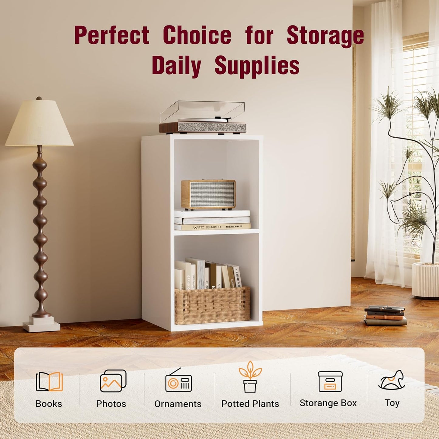 Book Shelf, Wooden Cube Storage Organizer with 11" Open Cubes, Stackable Modular Bookcase for Room Divider Storage, 2 Tier Bookshelf for for Living Room, Bedroom, Office (White, 2-Cube)